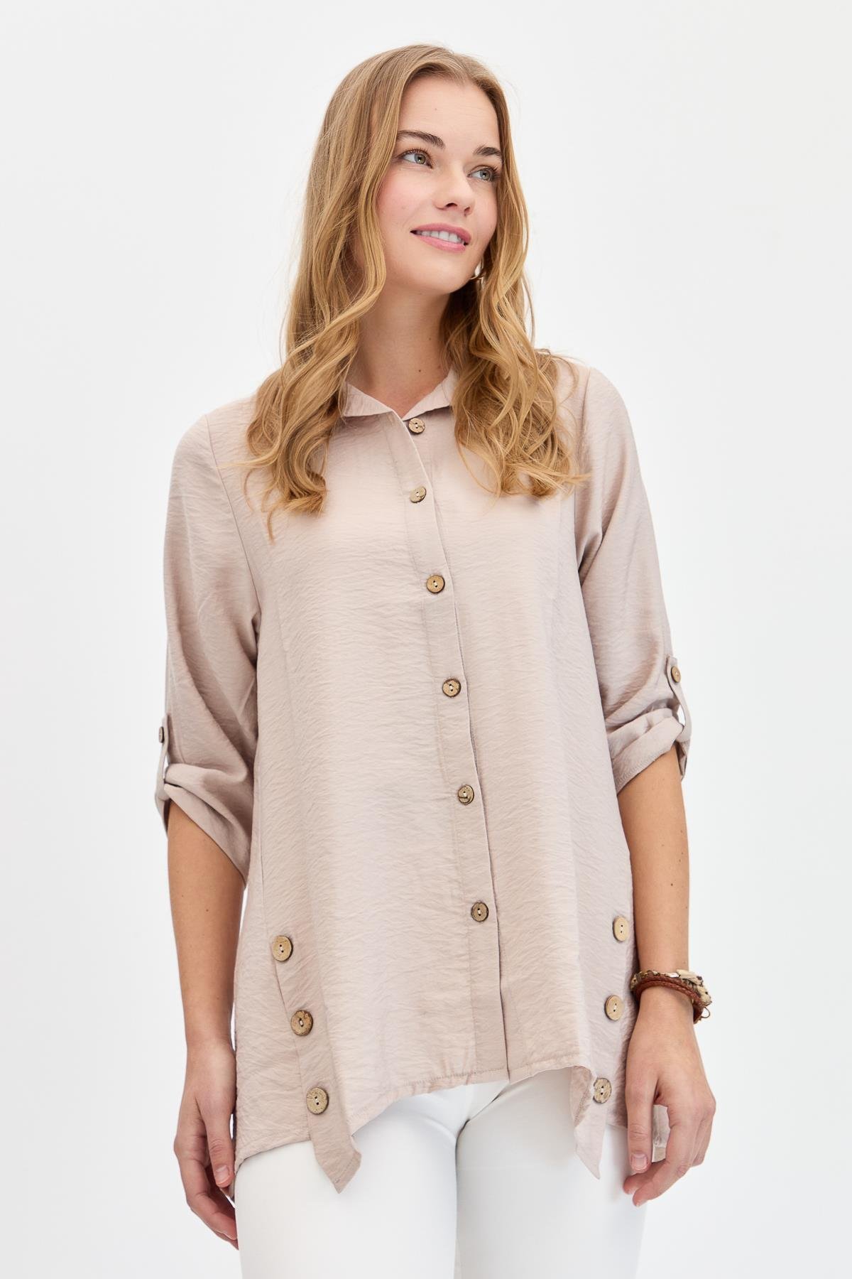 23493Kadın Yanları Düğmeli Oversize Gömlek Vizon