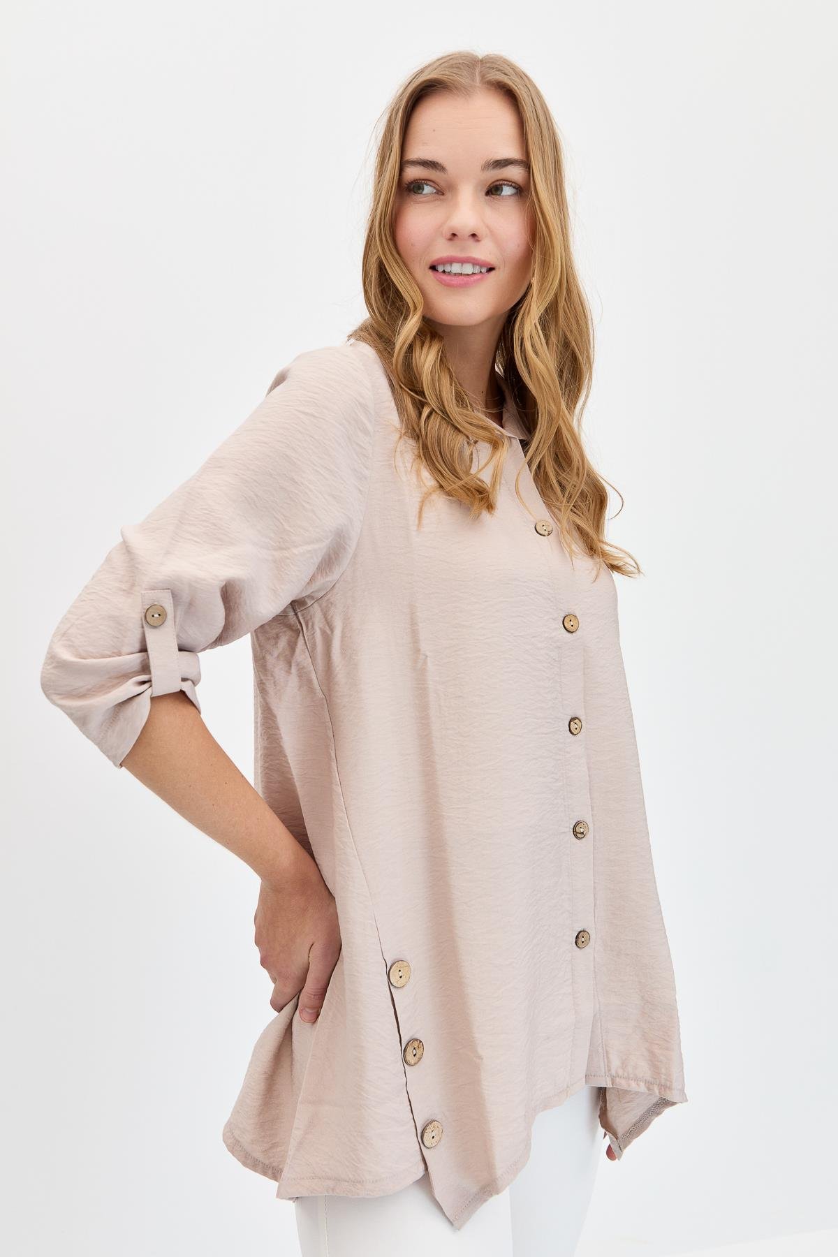 23493Kadın Yanları Düğmeli Oversize Gömlek Vizon
