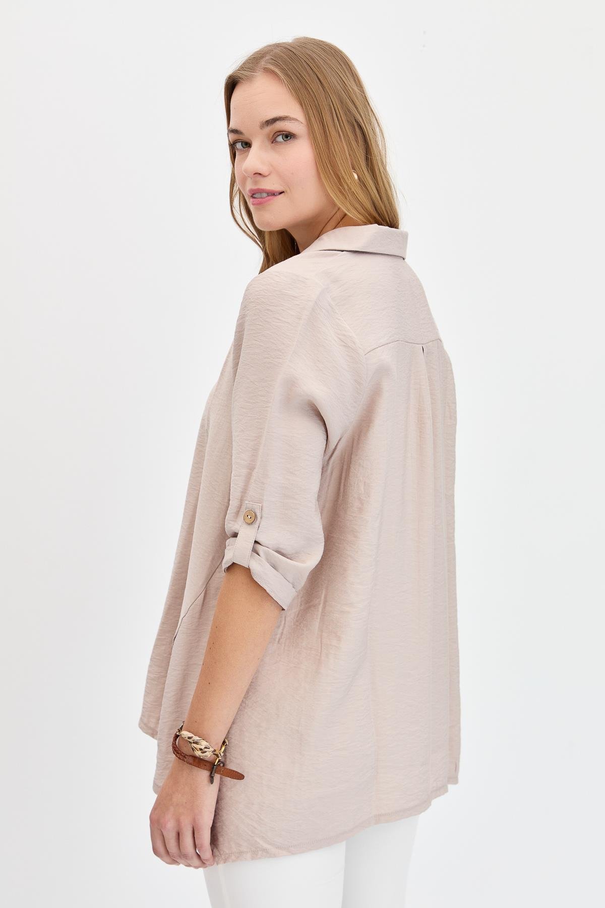 23493Kadın Yanları Düğmeli Oversize Gömlek Vizon