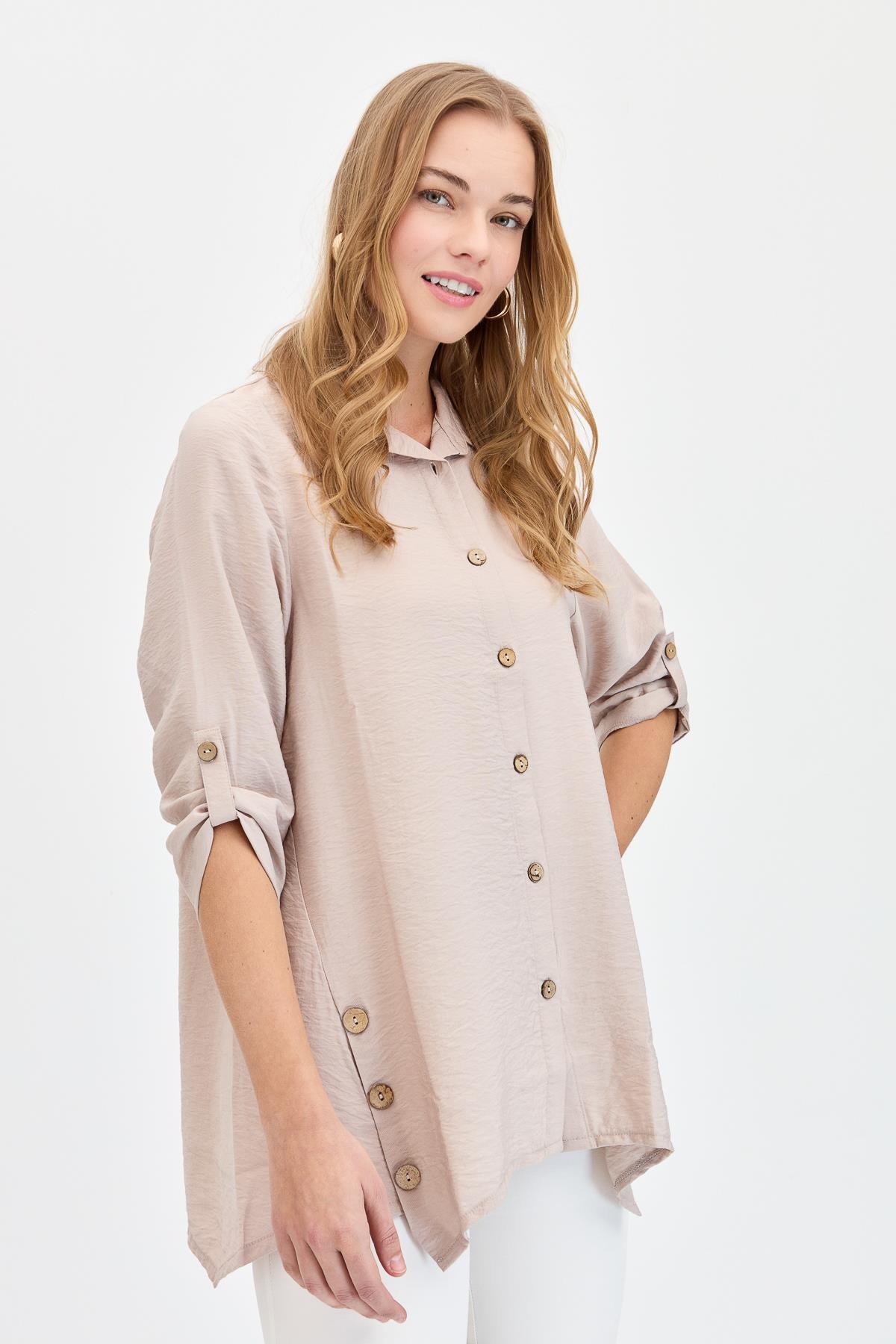 23493Kadın Yanları Düğmeli Oversize Gömlek Vizon