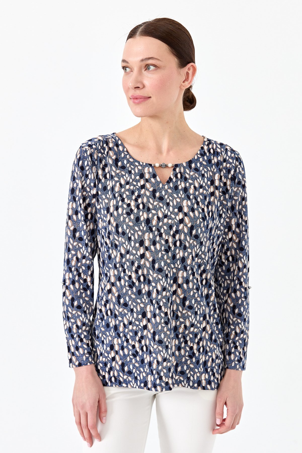 23467Kadın Yaprak Desenli Penye Bluz İndigo