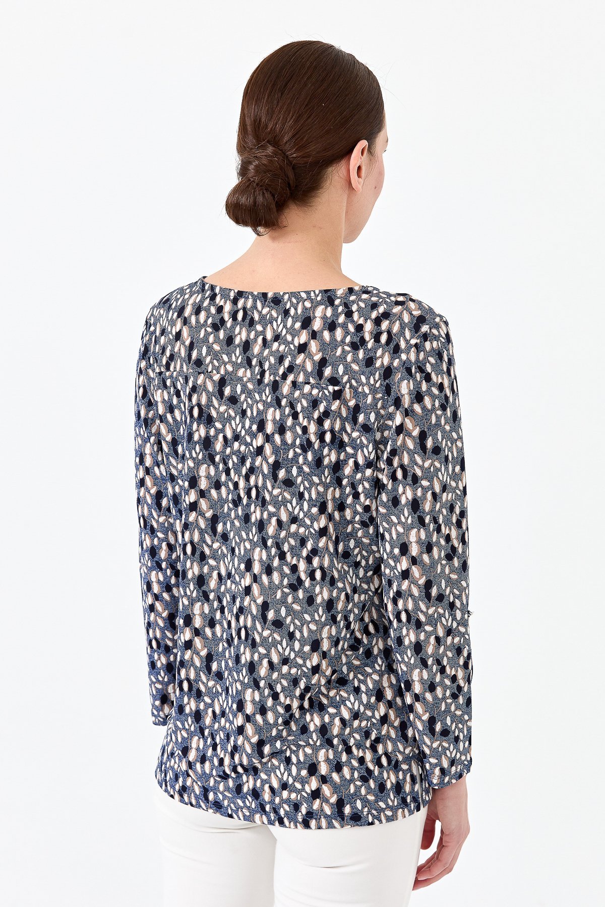 23467Kadın Yaprak Desenli Penye Bluz İndigo