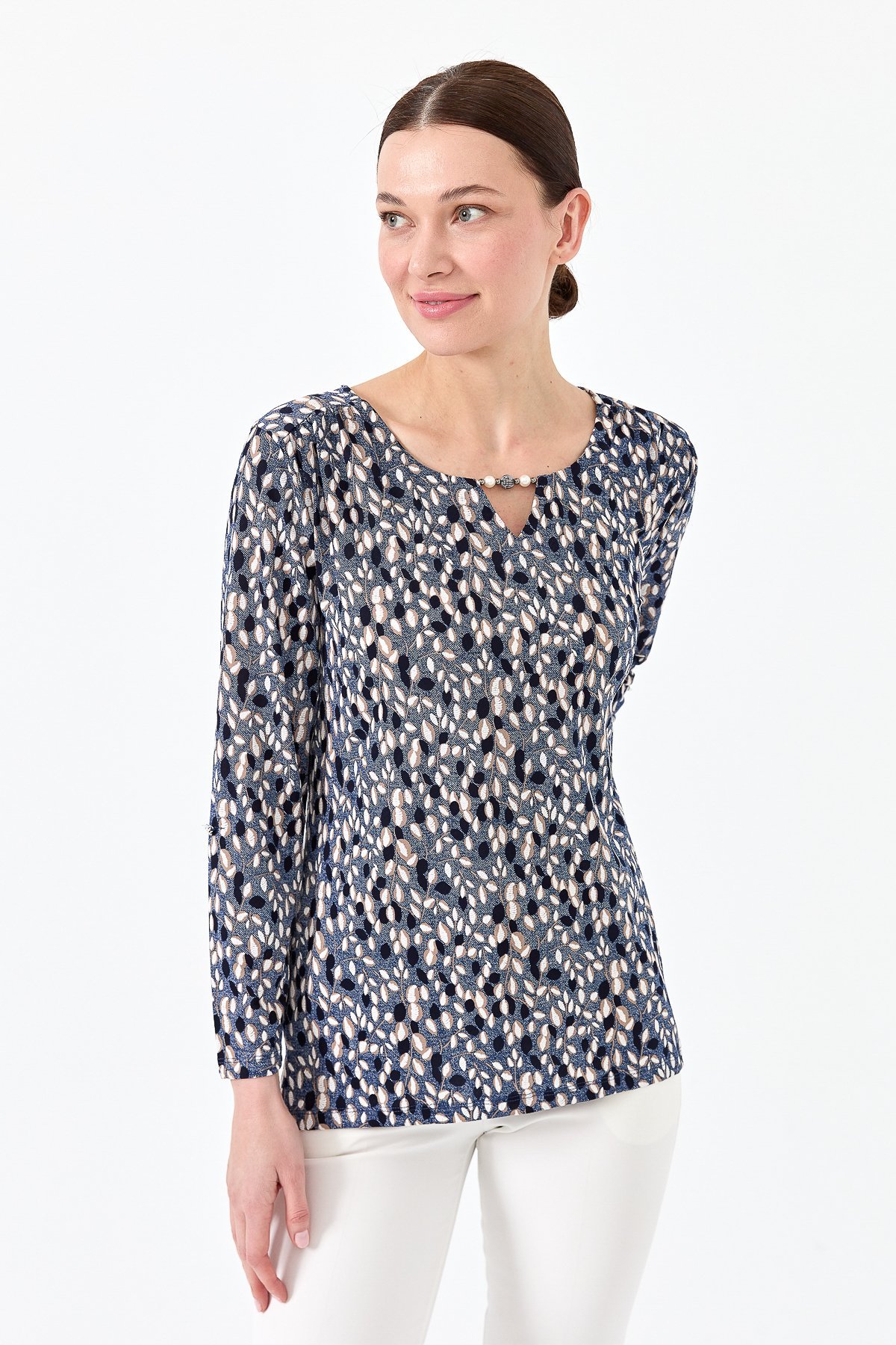 23467Kadın Yaprak Desenli Penye Bluz İndigo