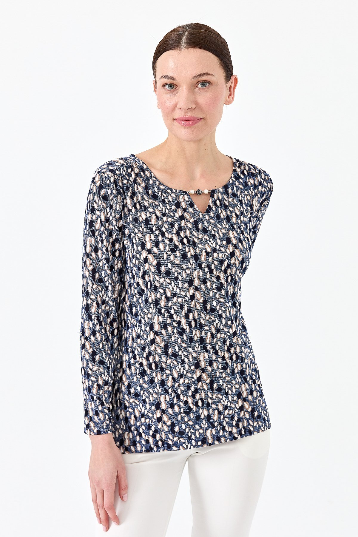 23467Kadın Yaprak Desenli Penye Bluz İndigo