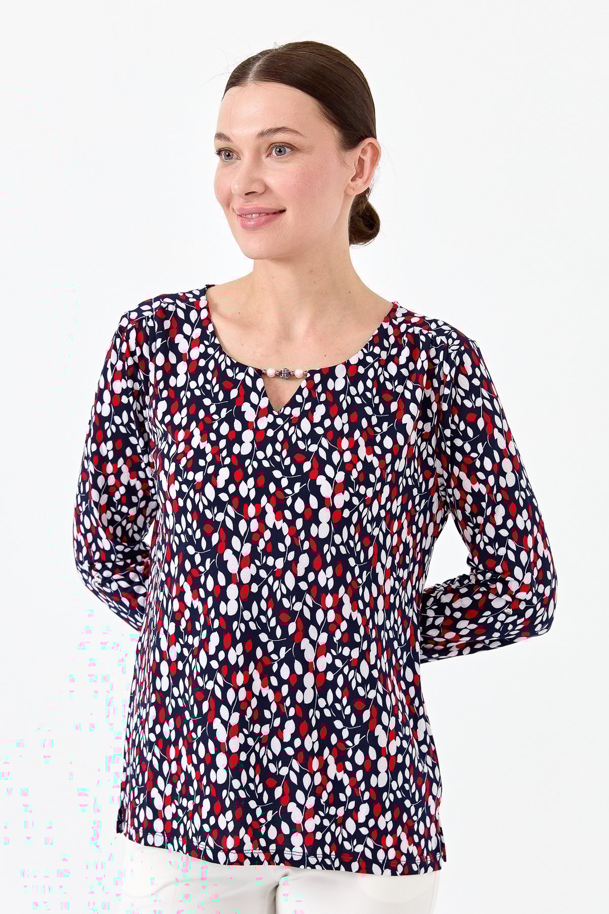 23467Kadın Yaprak Desenli Penye Bluz Lacivert