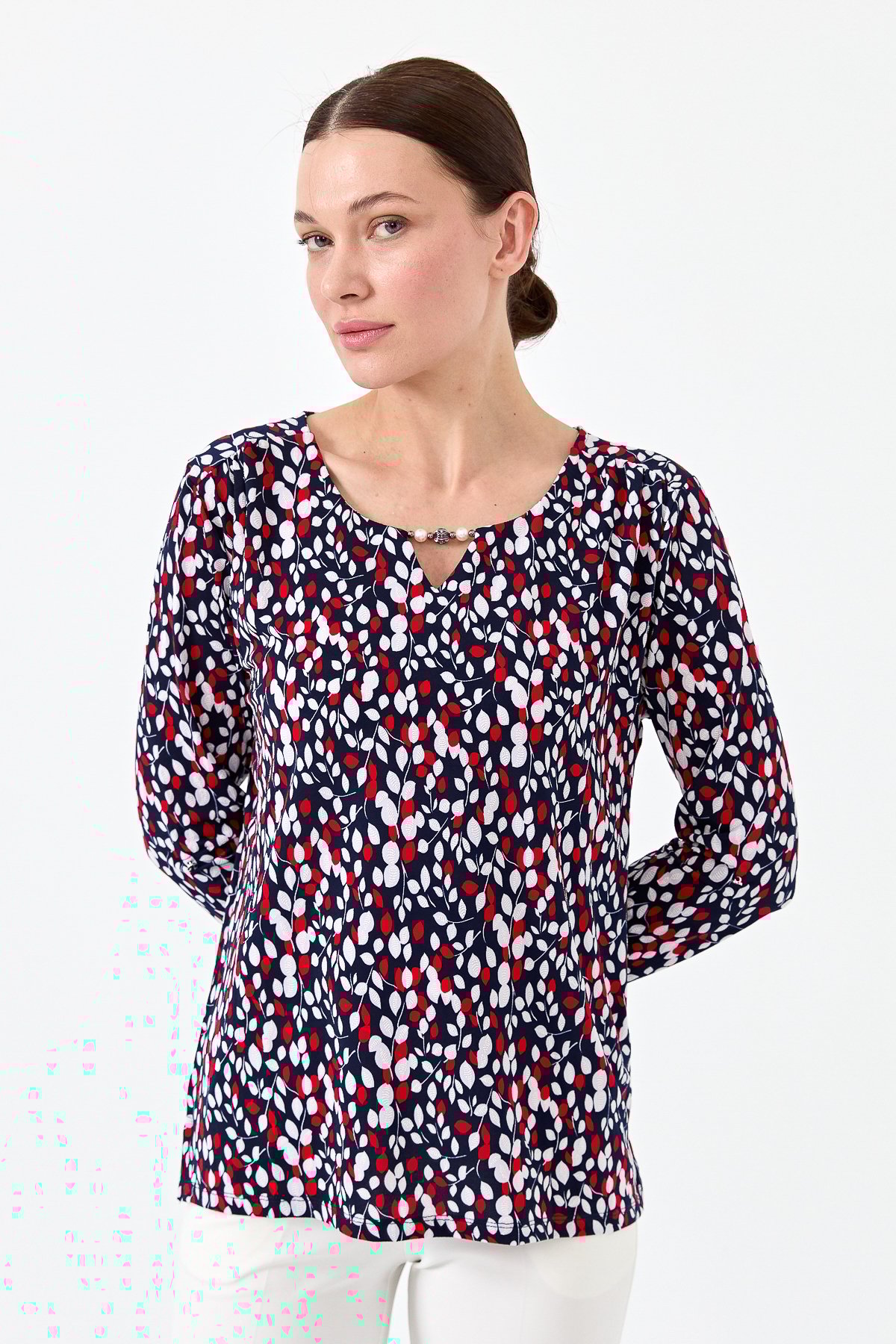 23467Kadın Yaprak Desenli Penye Bluz Lacivert