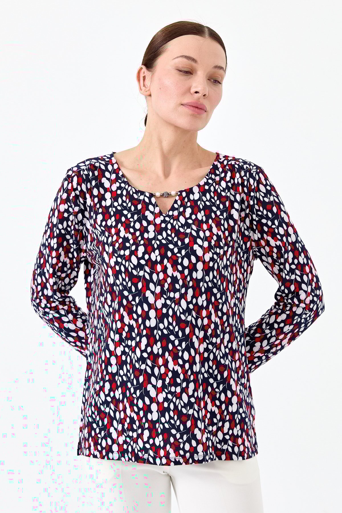 23467Kadın Yaprak Desenli Penye Bluz Lacivert