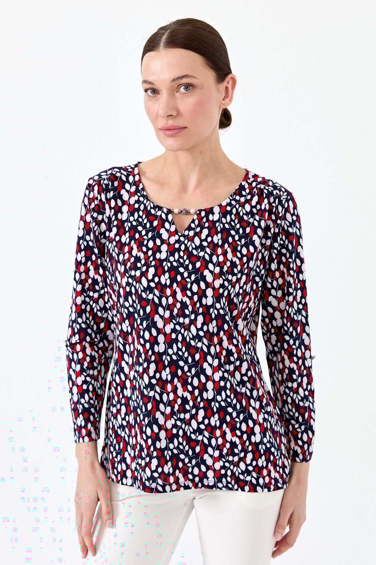 23467Kadın Yaprak Desenli Penye Bluz Lacivert