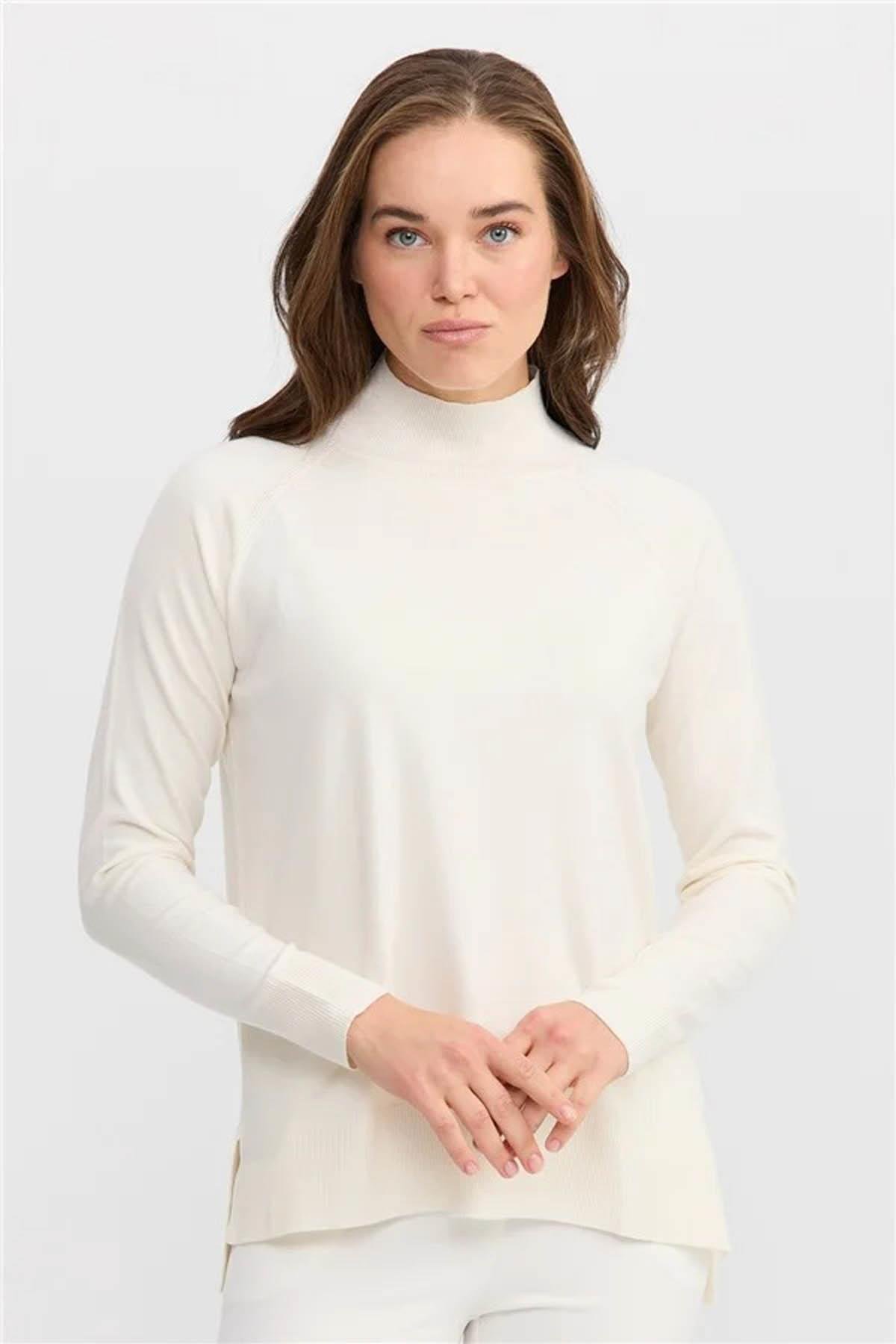 22305Kadın Yarım Balıkçı Yaka Kolları Yırtmaçlı Basic Kazak Kemik