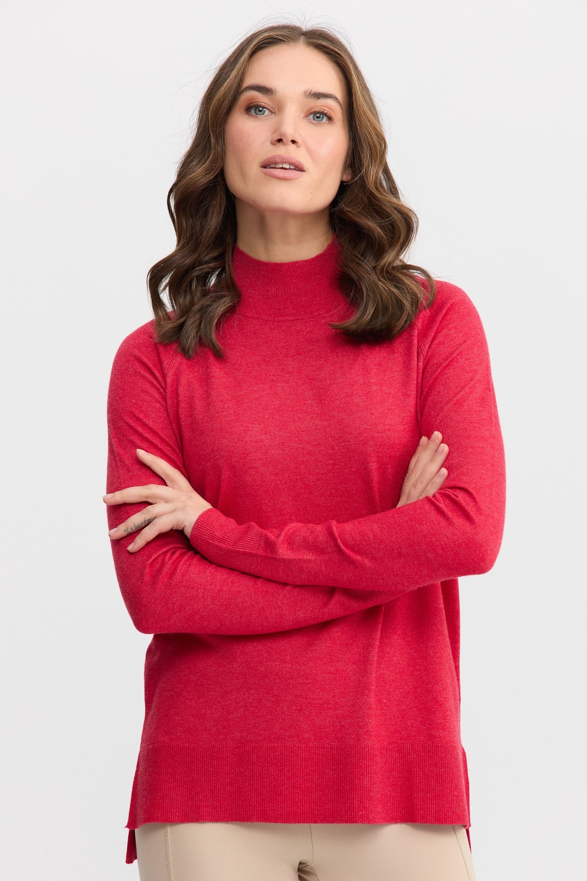 22305Kadın Yarım Balıkçı Yaka Yanları Yırtmaçlı Kazak Kırmızı