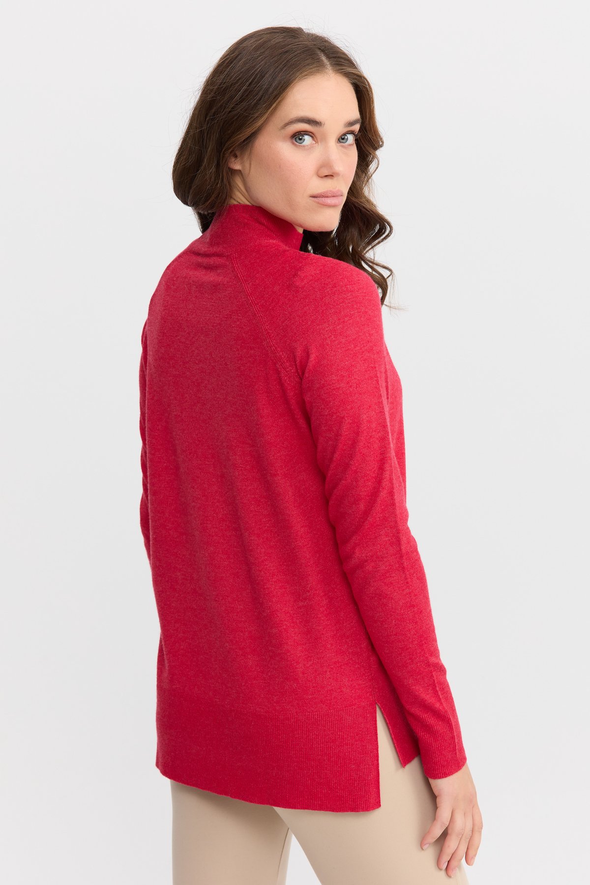 22305Kadın Yarım Balıkçı Yaka Yanları Yırtmaçlı Kazak Kırmızı