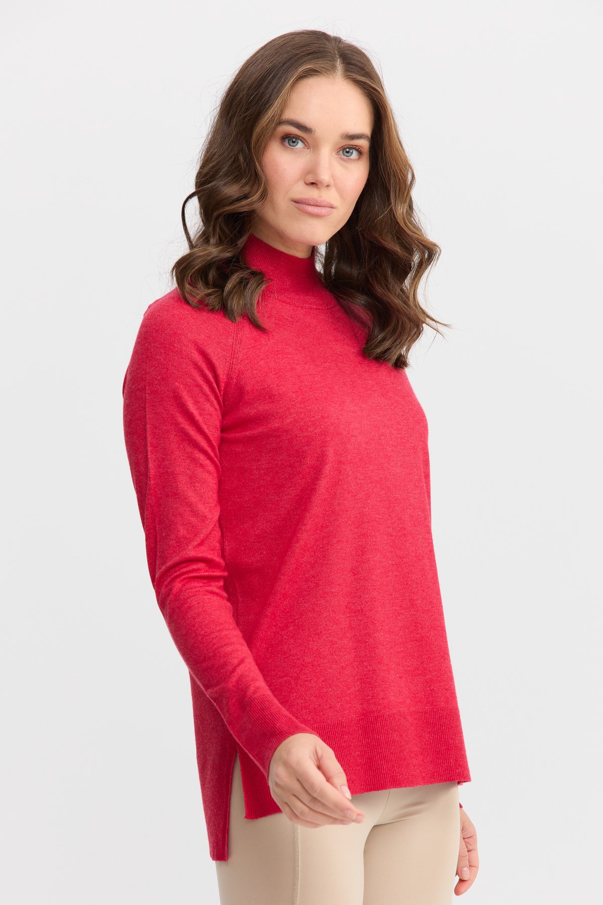 22305Kadın Yarım Balıkçı Yaka Yanları Yırtmaçlı Kazak Kırmızı