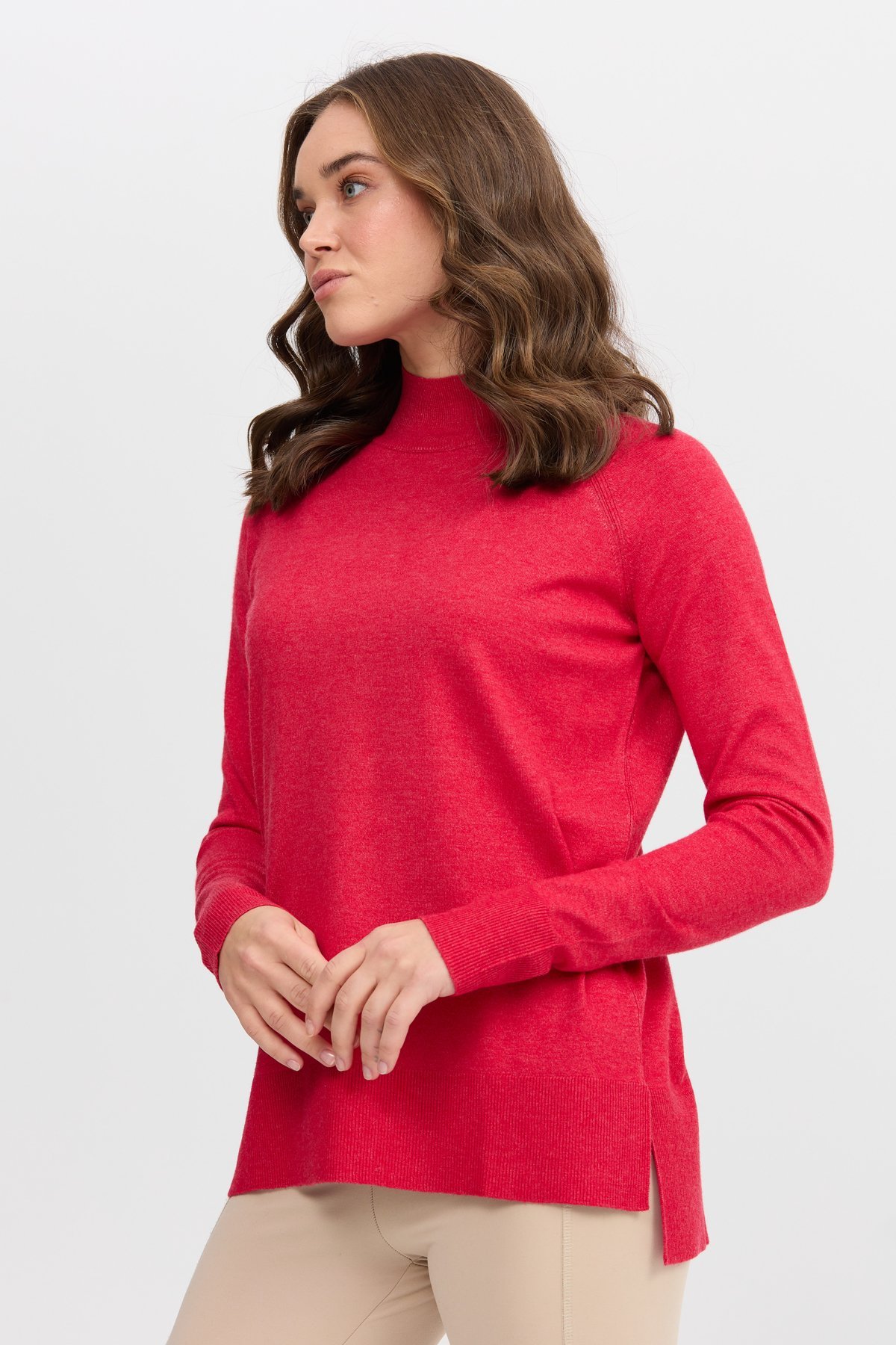 22305Kadın Yarım Balıkçı Yaka Yanları Yırtmaçlı Kazak Kırmızı