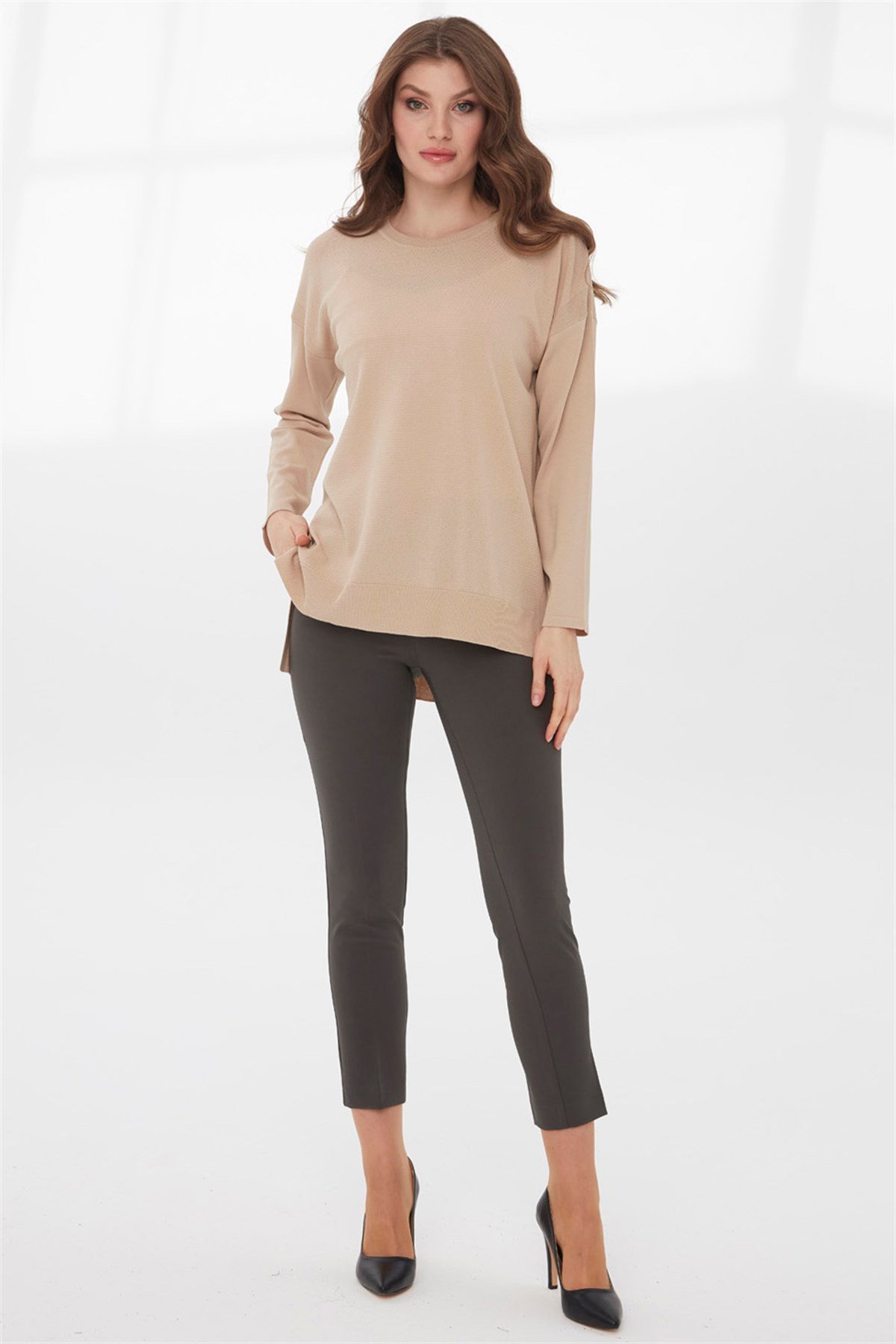 22353Kadın Yazlık Triko Bluz Bej