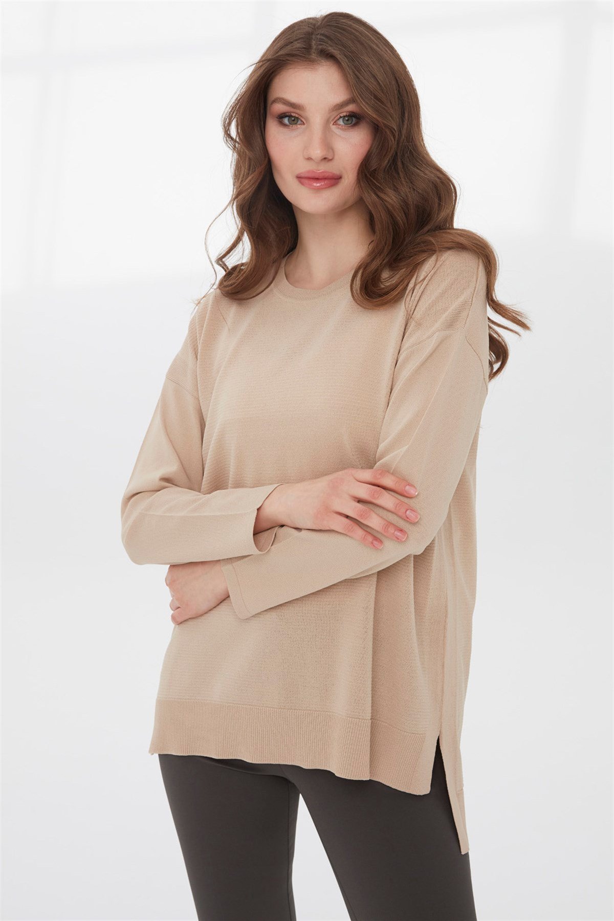 22353Kadın Yazlık Triko Bluz Bej