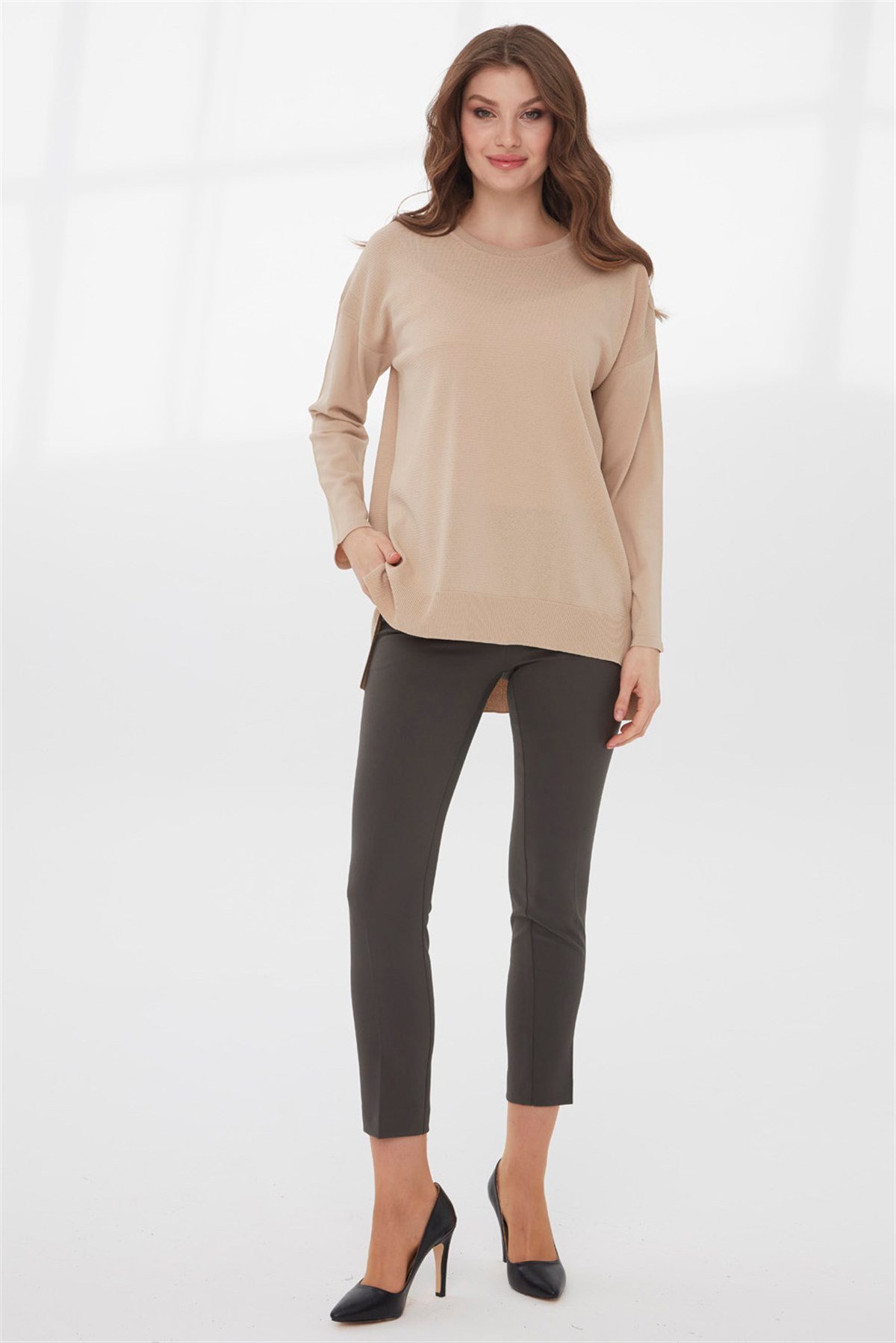 22353Kadın Yazlık Triko Bluz Bej