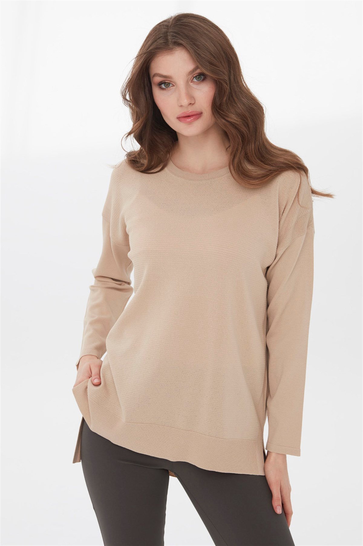 22353Kadın Yazlık Triko Bluz Bej