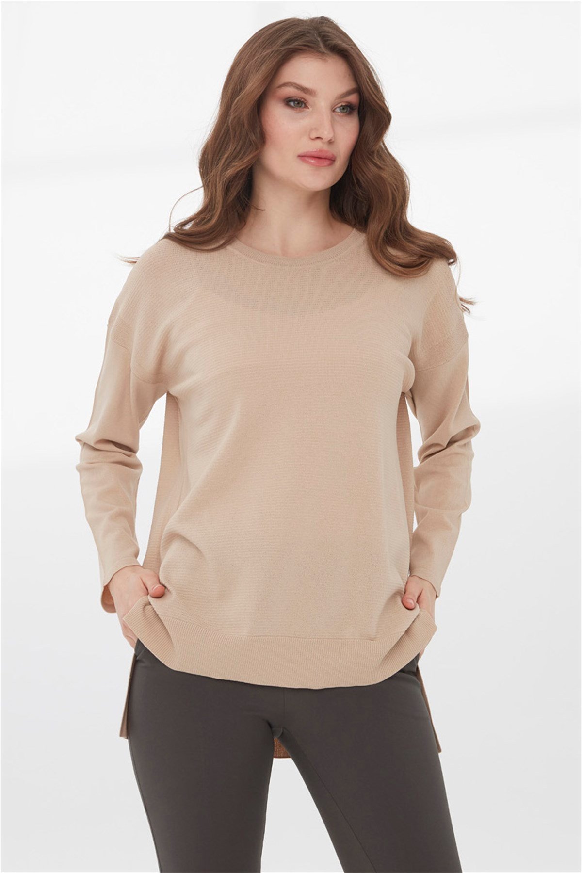 22353Kadın Yazlık Triko Bluz Bej