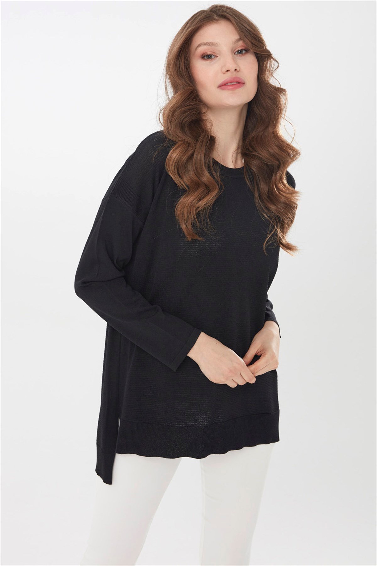 22353Kadın Yazlık Triko Bluz Siyah