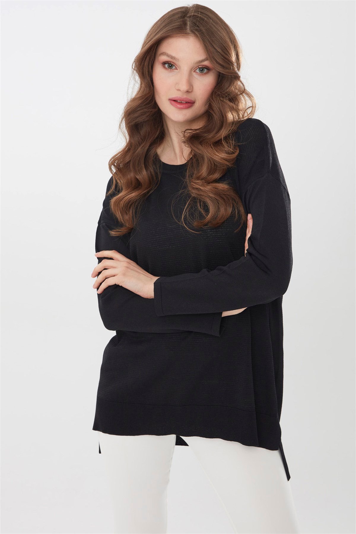 22353Kadın Yazlık Triko Bluz Siyah