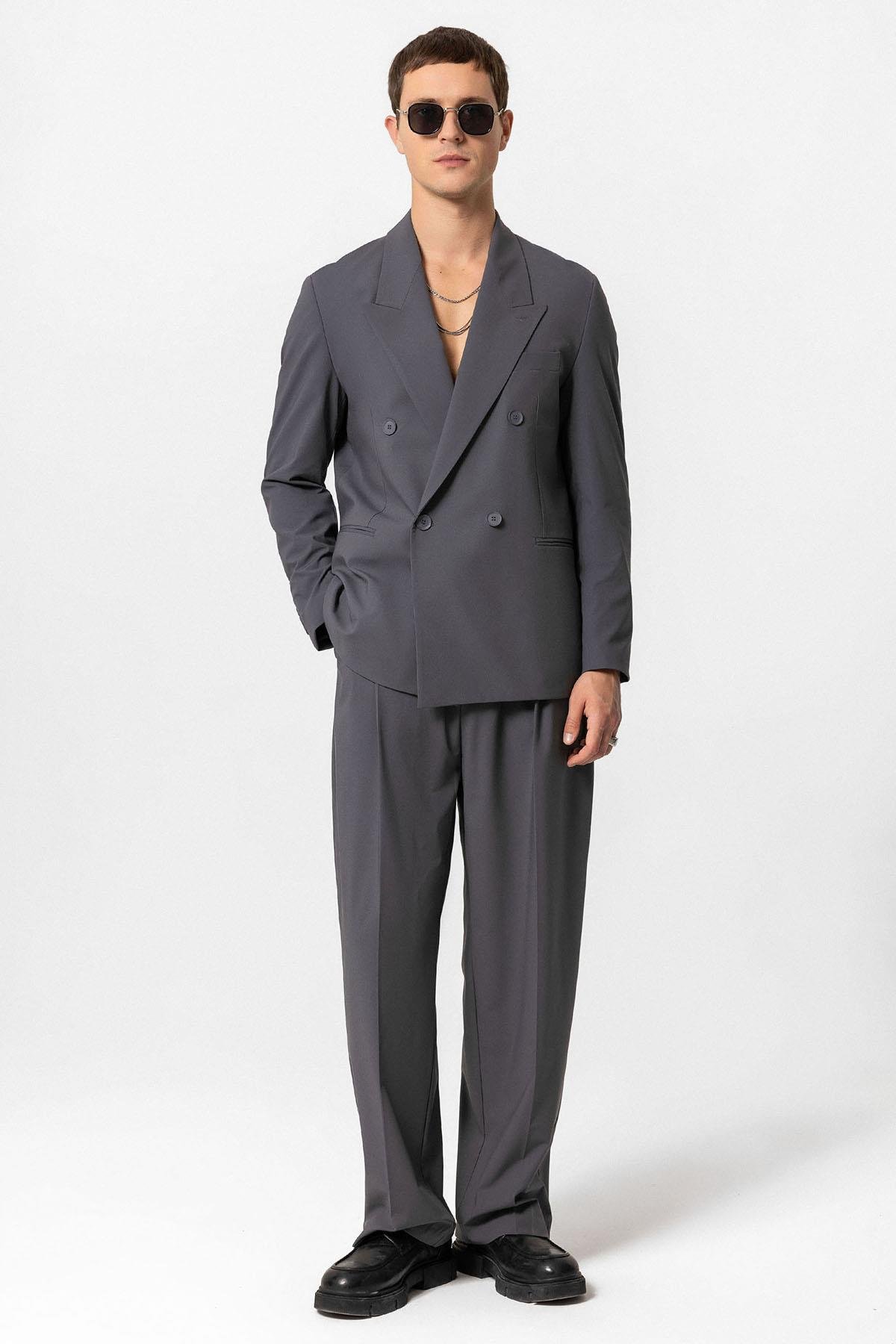 Antioch Antrasit Tek Düğme Kruvaze Erkek Blazer Ceket