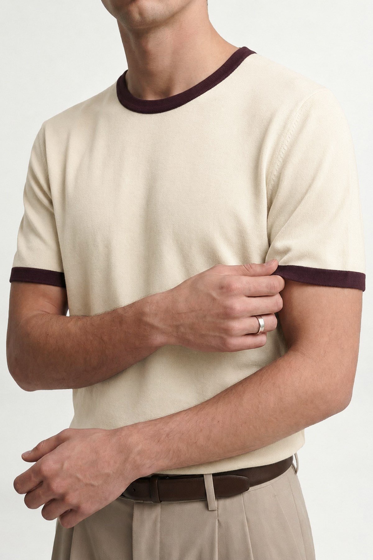 Antioch Bej Kontrast Yaka Erkek T-Shirt