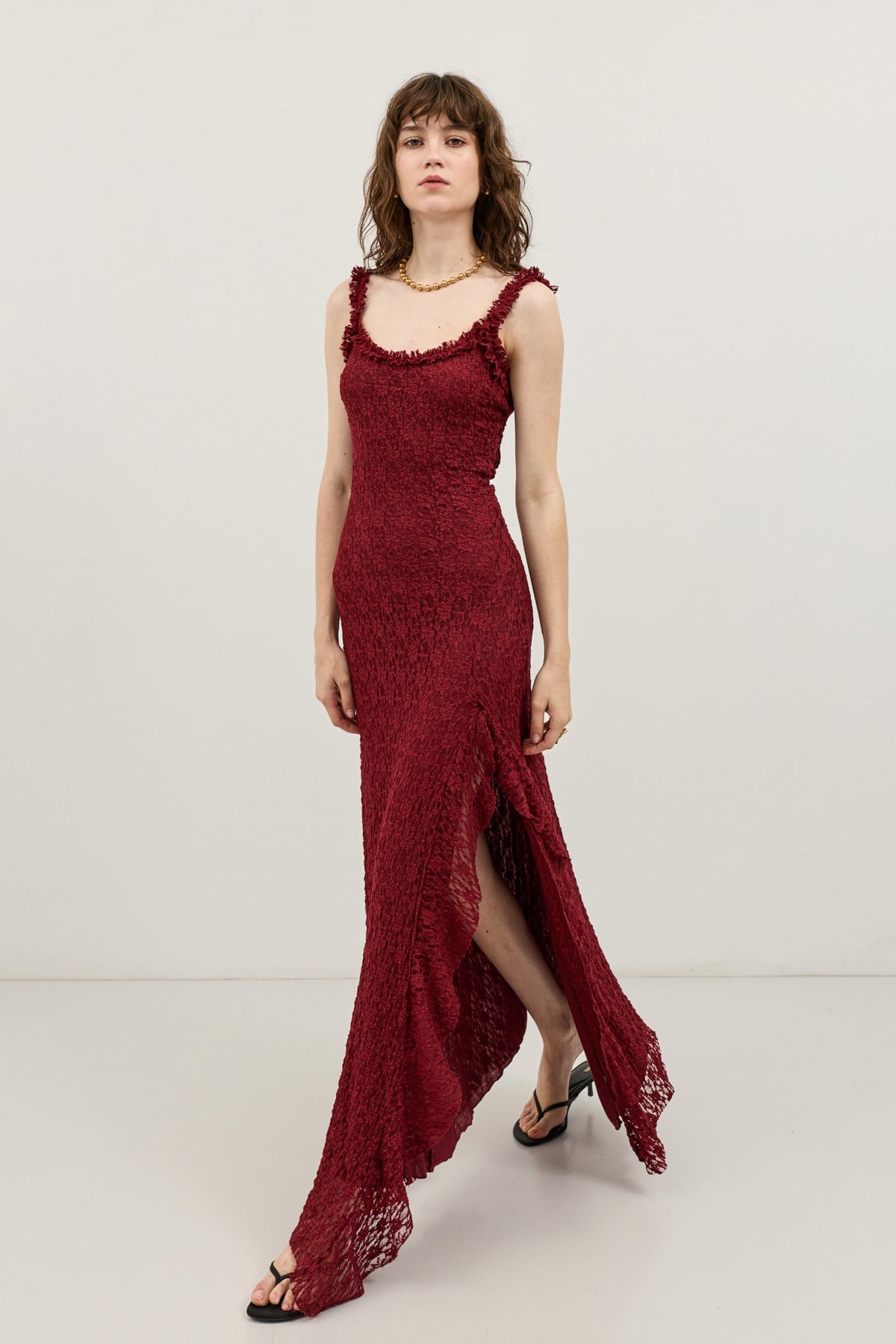 Antioch Bordo Dantelli Midi Elbise