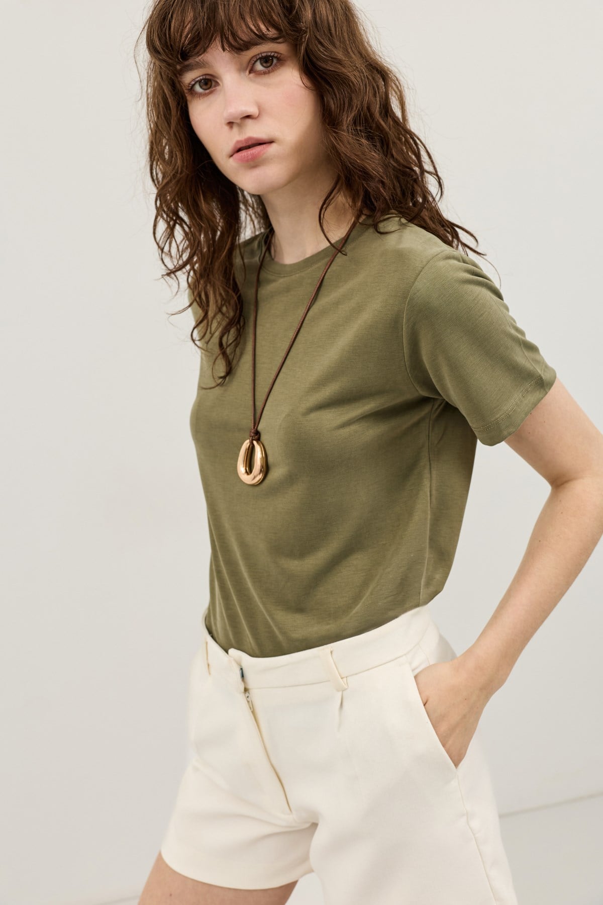 Antioch Haki Modal Karışımlı T-Shirt