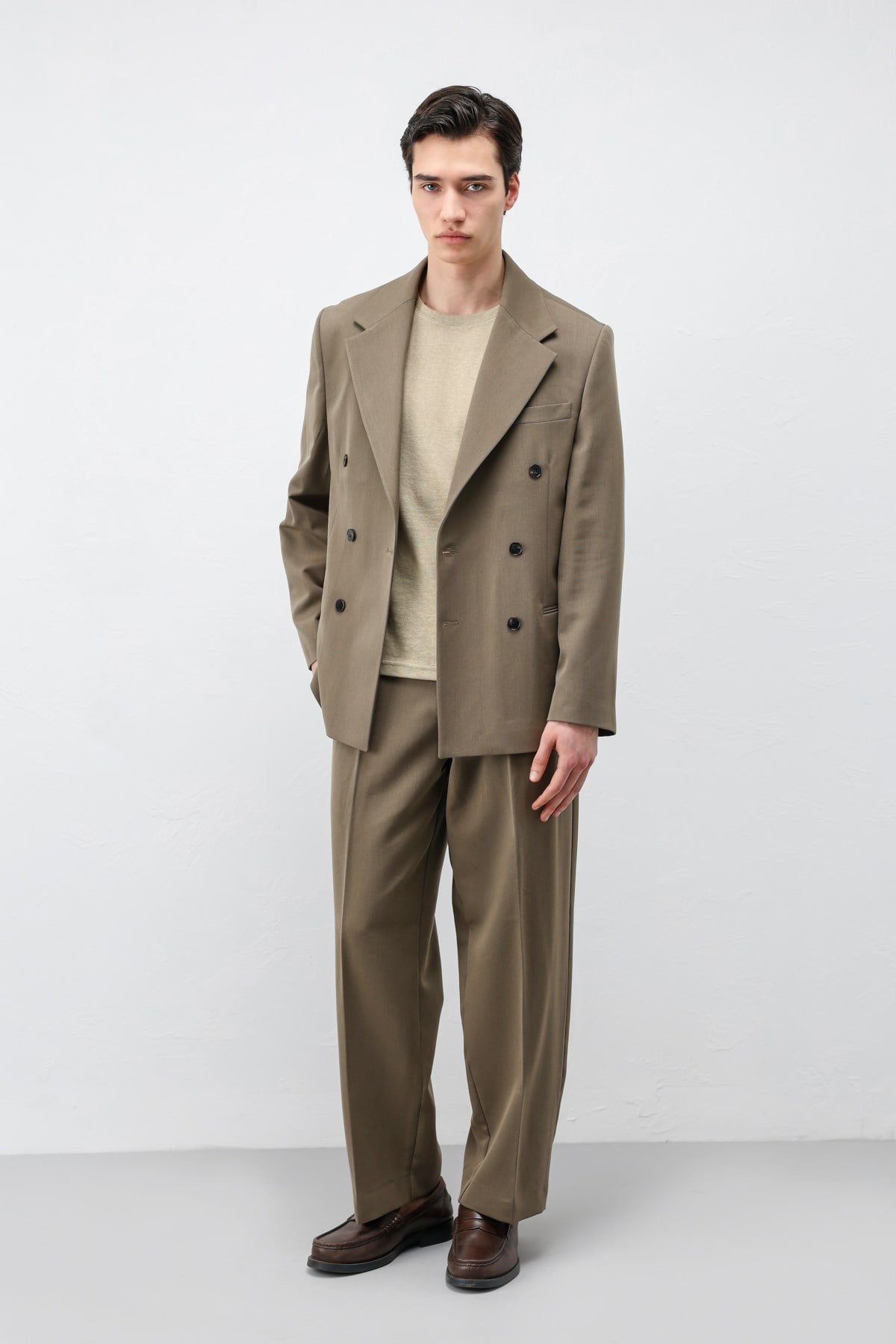 Antioch Haki Relax Fit Kruvaze Erkek Blazer Ceket