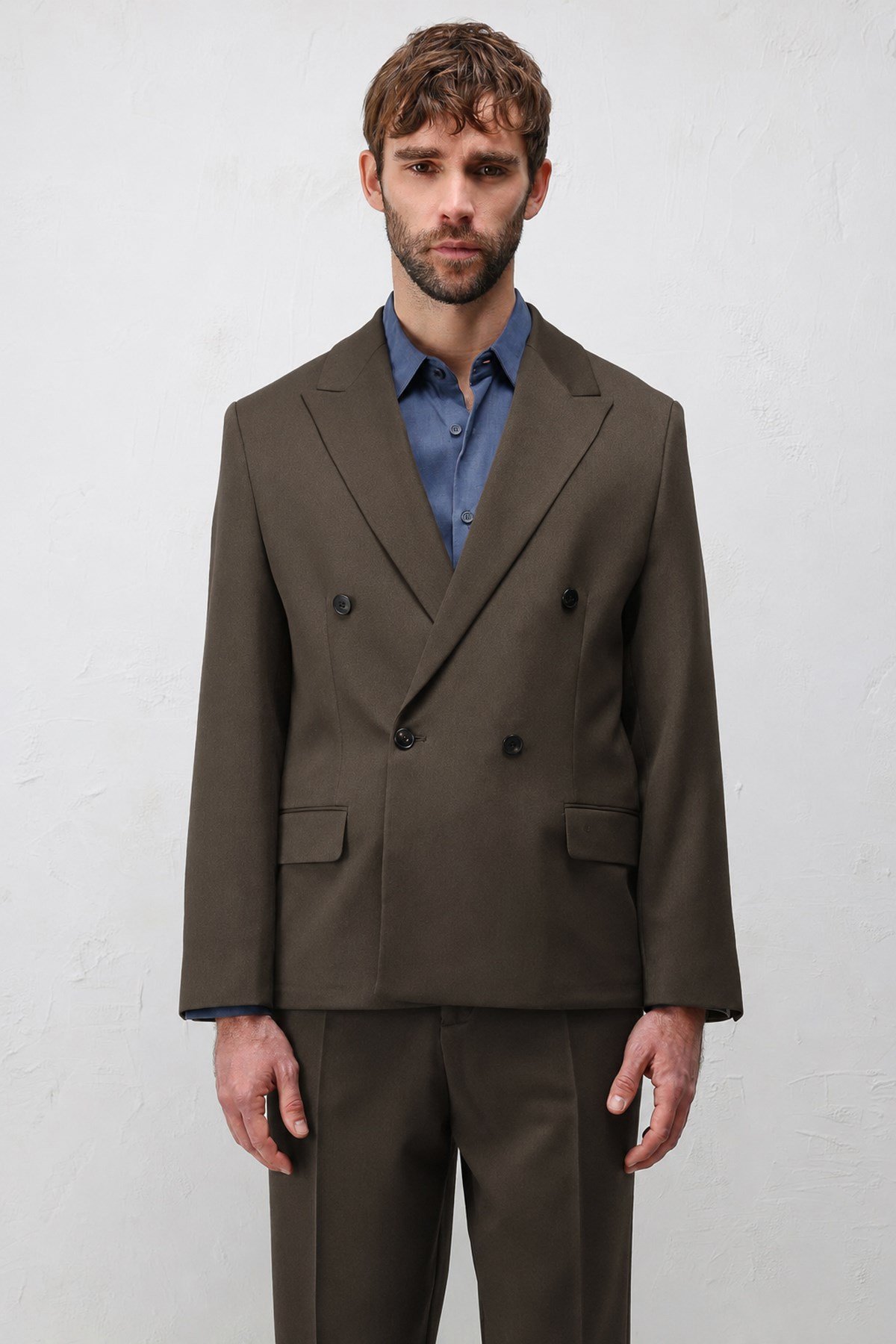 Antioch Kahve 1 Relax Fit Kruvaze Erkek Blazer Ceket