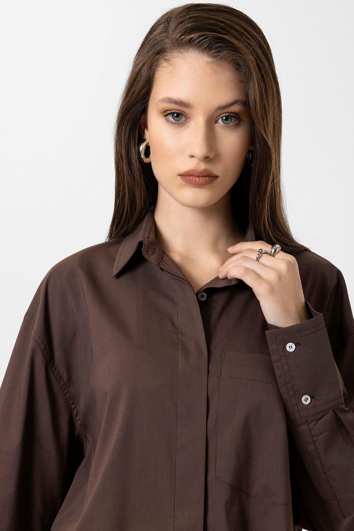Antioch Kahve Kadın Basic Oversize Gömlek