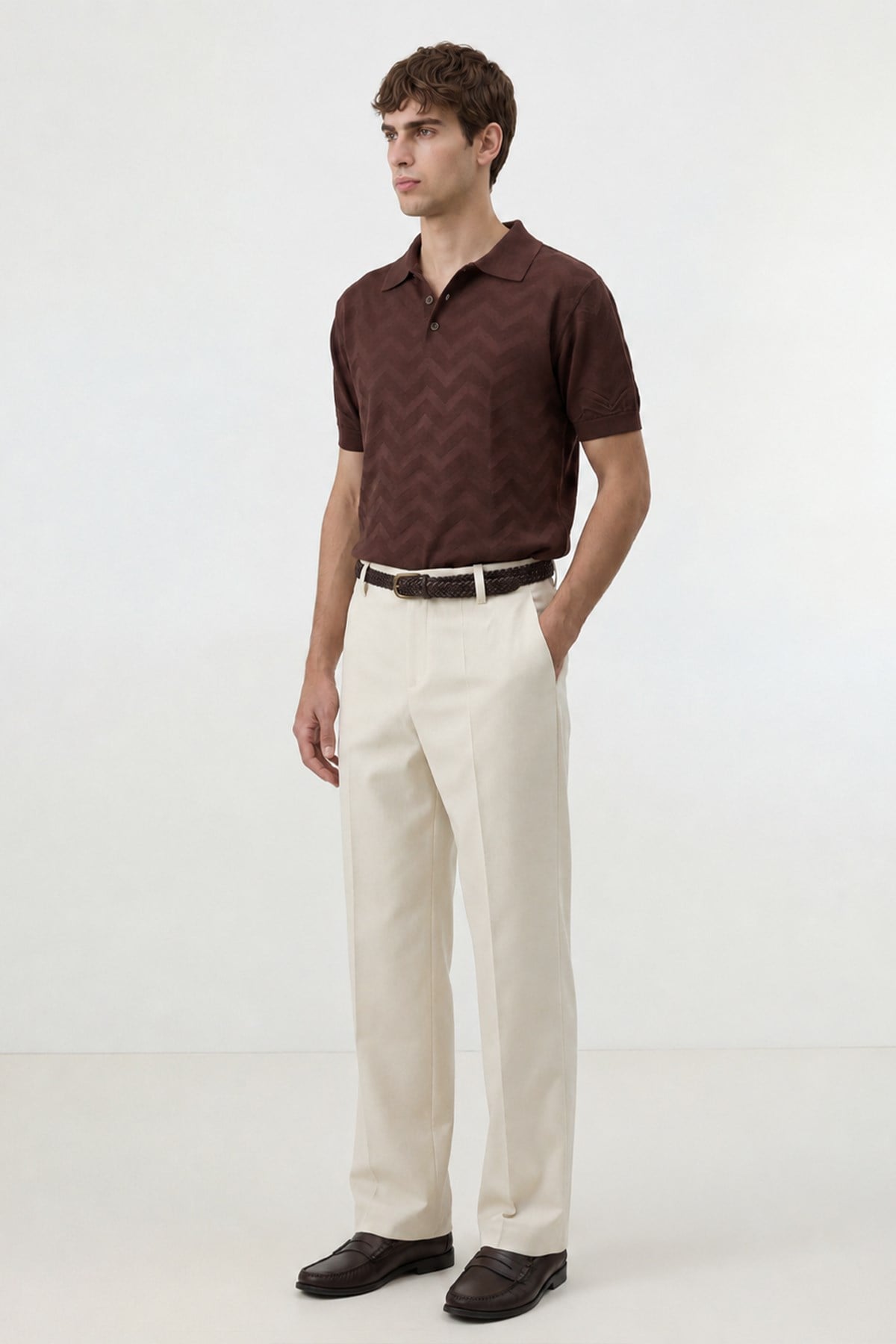 Antioch Kahve Zigzag Desenli Polo Yaka Triko Erkek T-Shirt