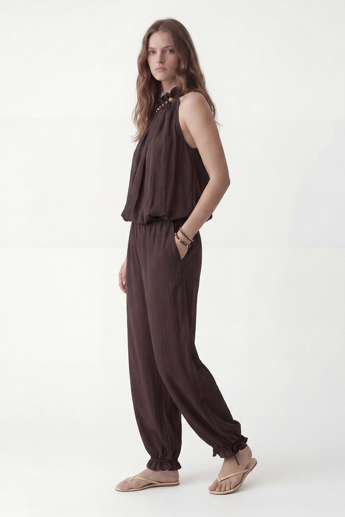 Antioch Koyu Kahve 100% Lyocell Bluz Pantolon Takım
