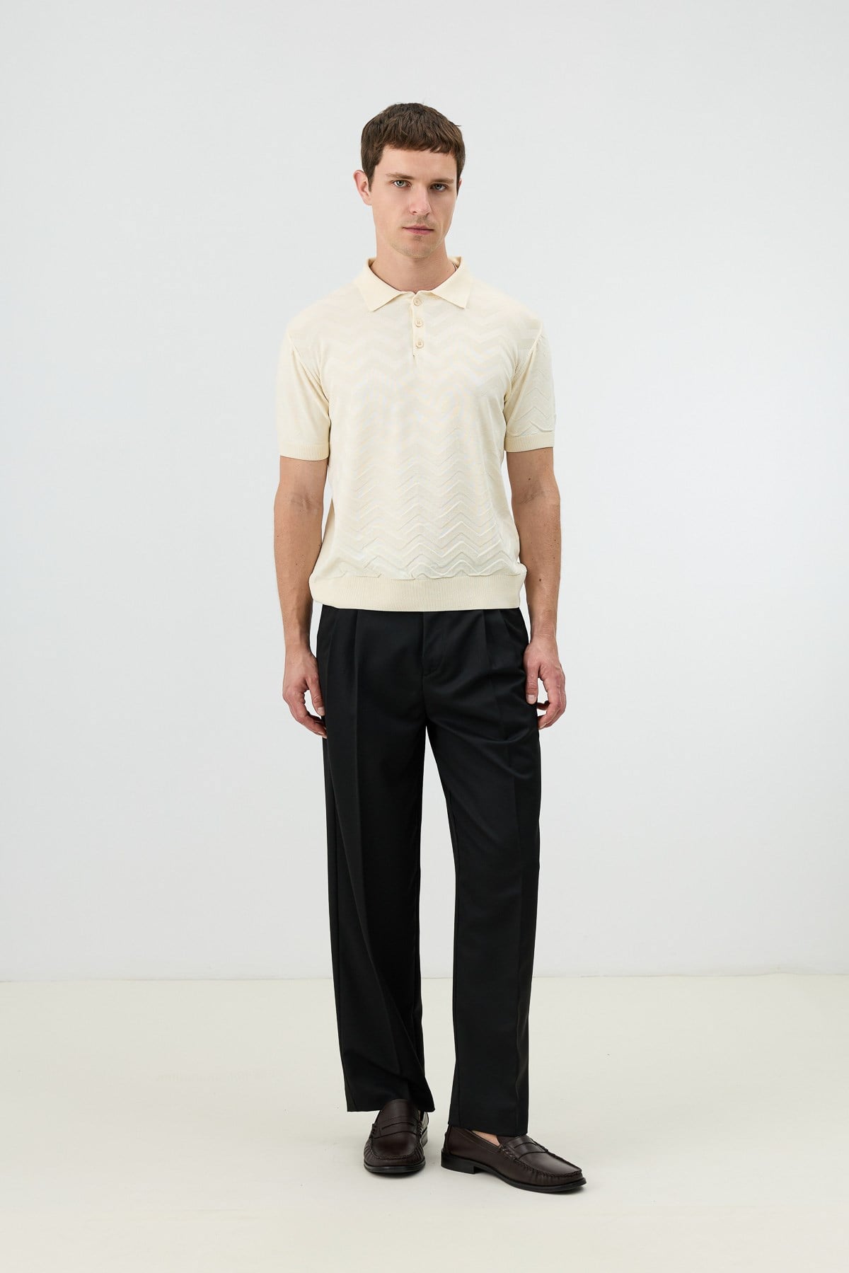 Antioch Krem Zigzag Desenli Polo Yaka Triko Erkek T-Shirt