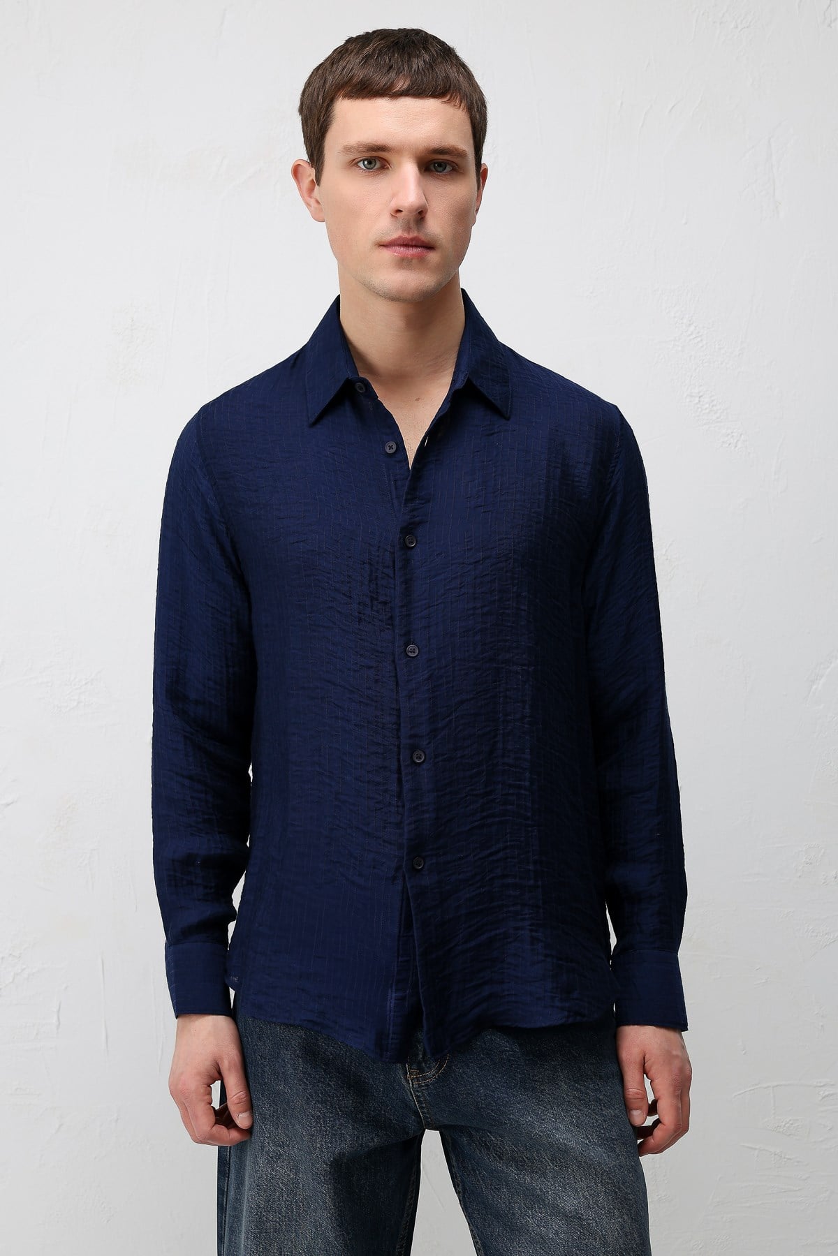 Antioch Lacivert Crinkled Relax Fit Erkek Gömlek