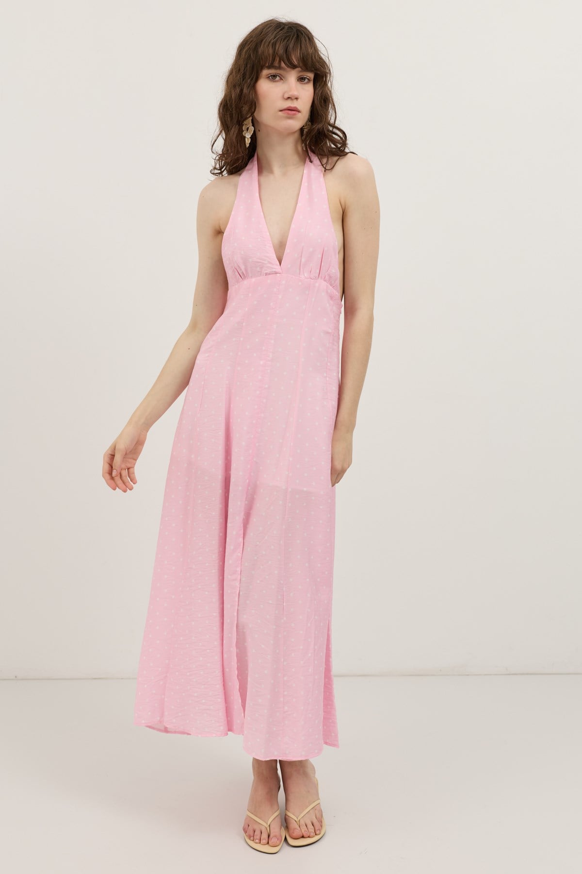 Antioch Pembe Halter Yaka Puantiyeli Kadın Elbise