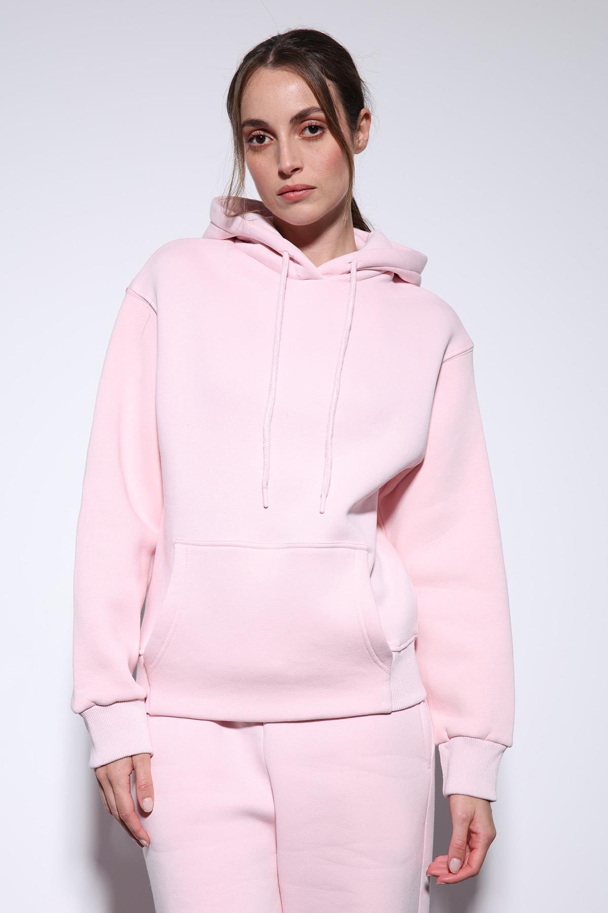 Antioch Pembe Kapüşonlu Basic Kadın Sweatshirt