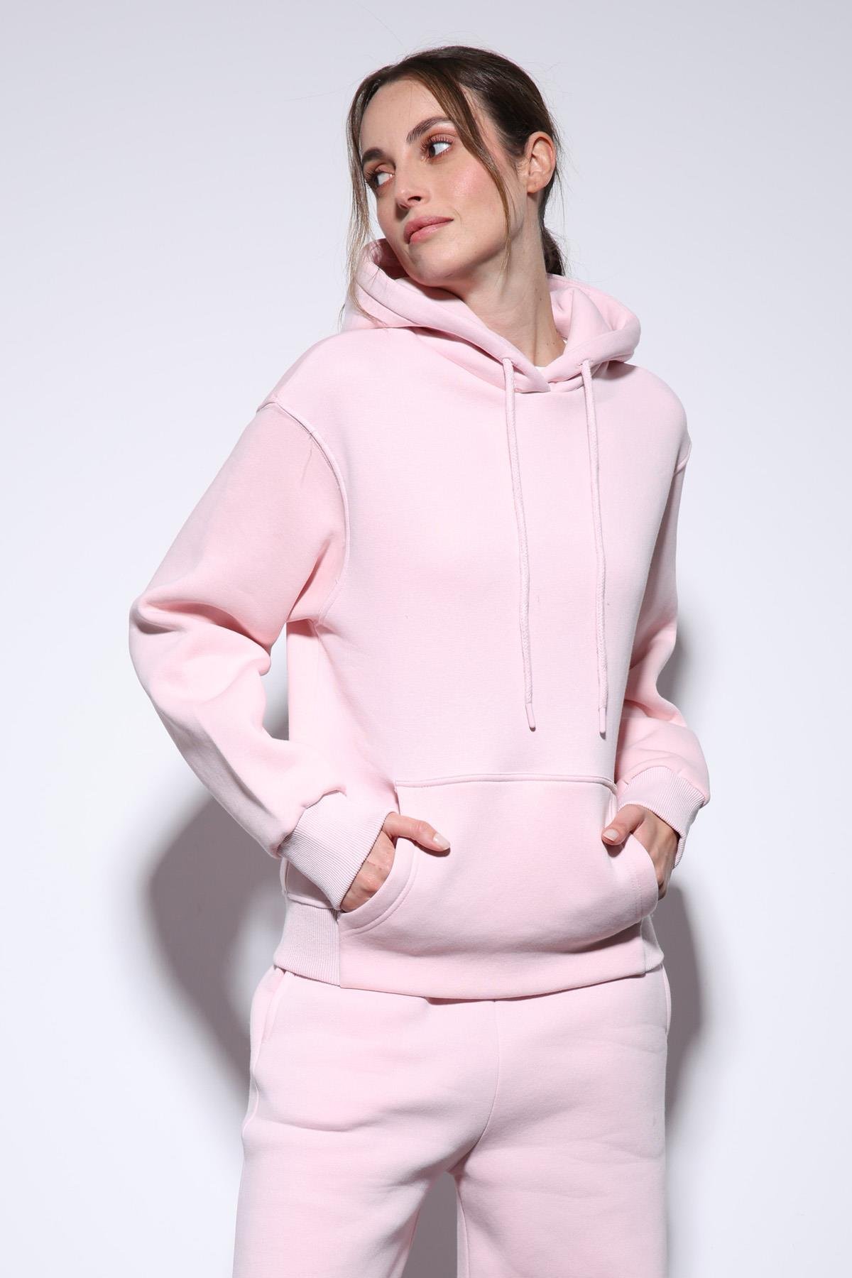 Antioch Pembe Kapüşonlu Basic Kadın Sweatshirt