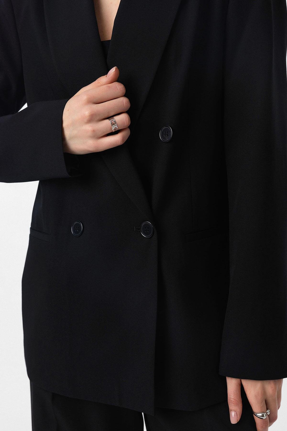 Antioch Siyah Regular Fit Kruvaze Kadın Blazer Ceket