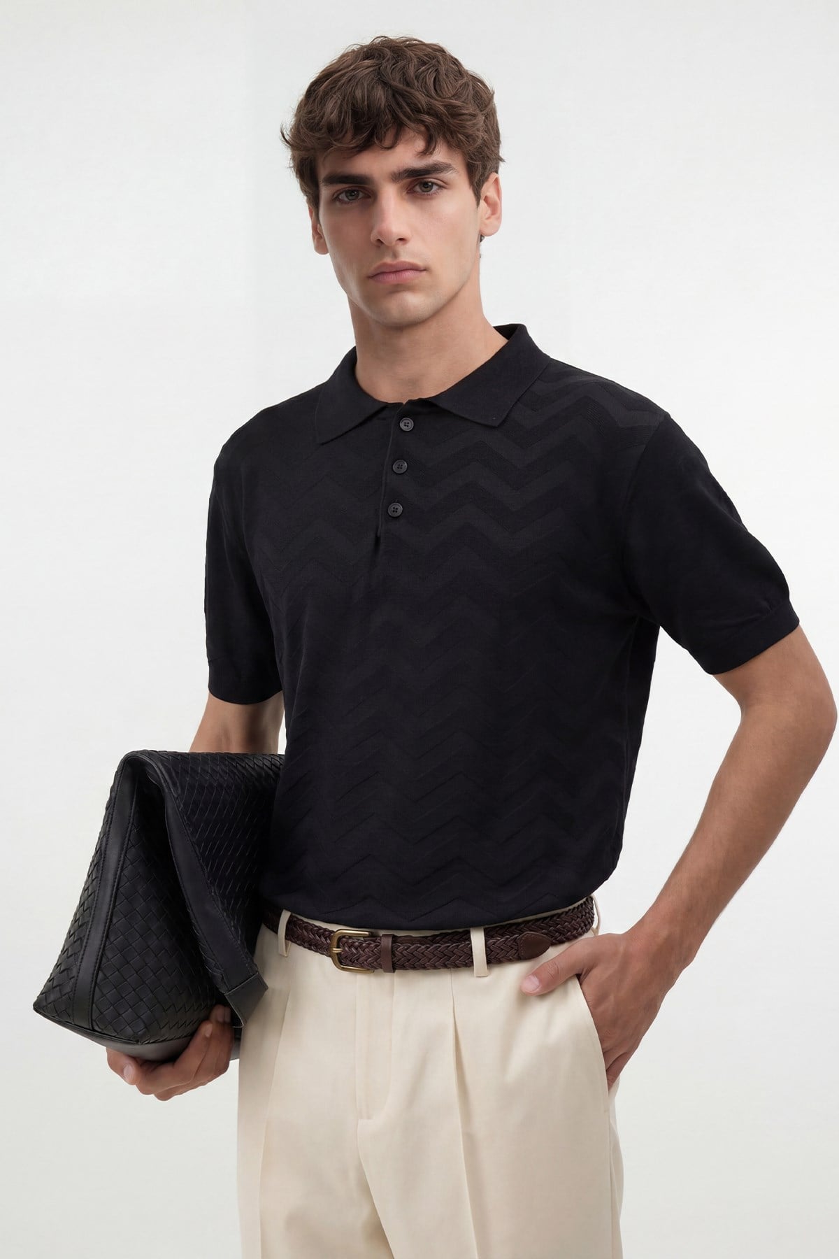 Antioch Siyah Zigzag Desenli Polo Yaka Triko Erkek T-Shirt