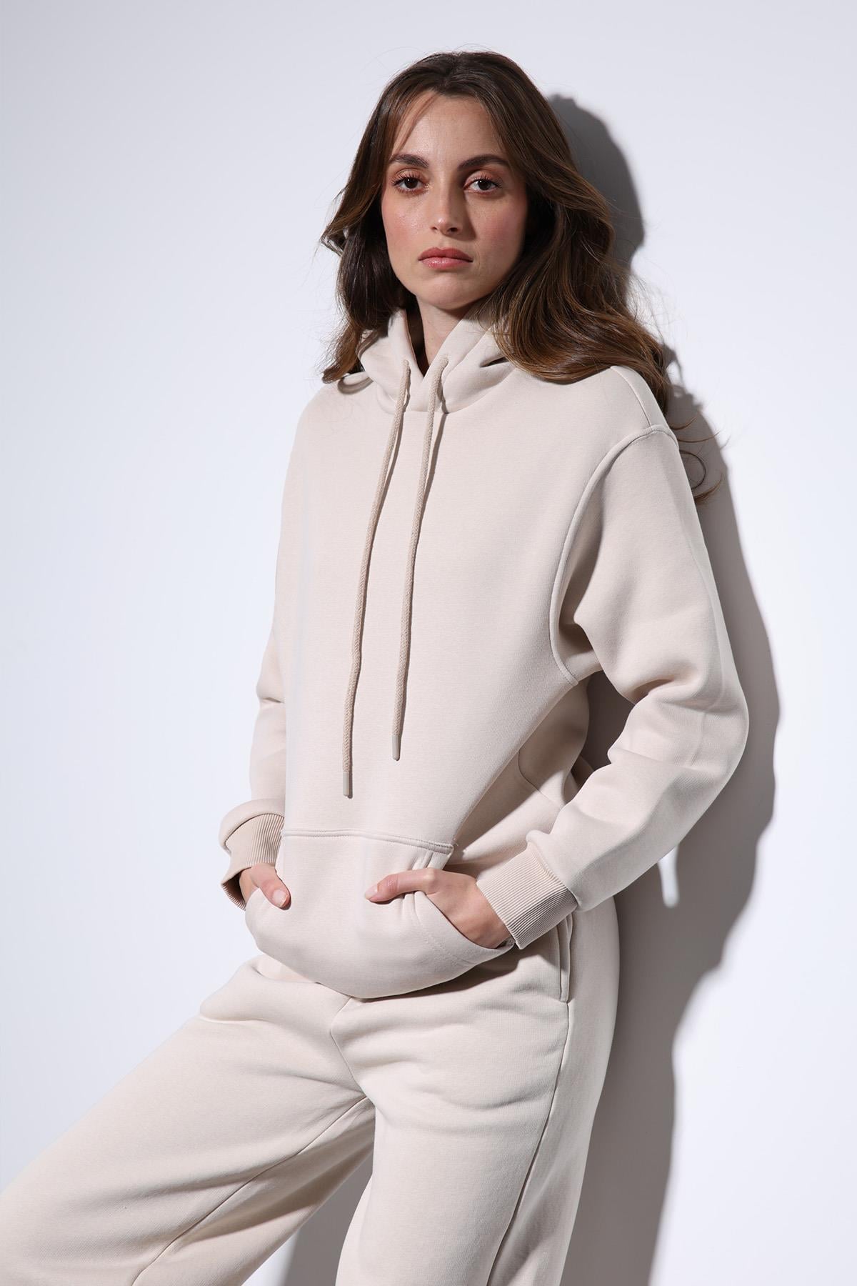 Antioch Taş Kapüşonlu Basic Kadın Sweatshirt