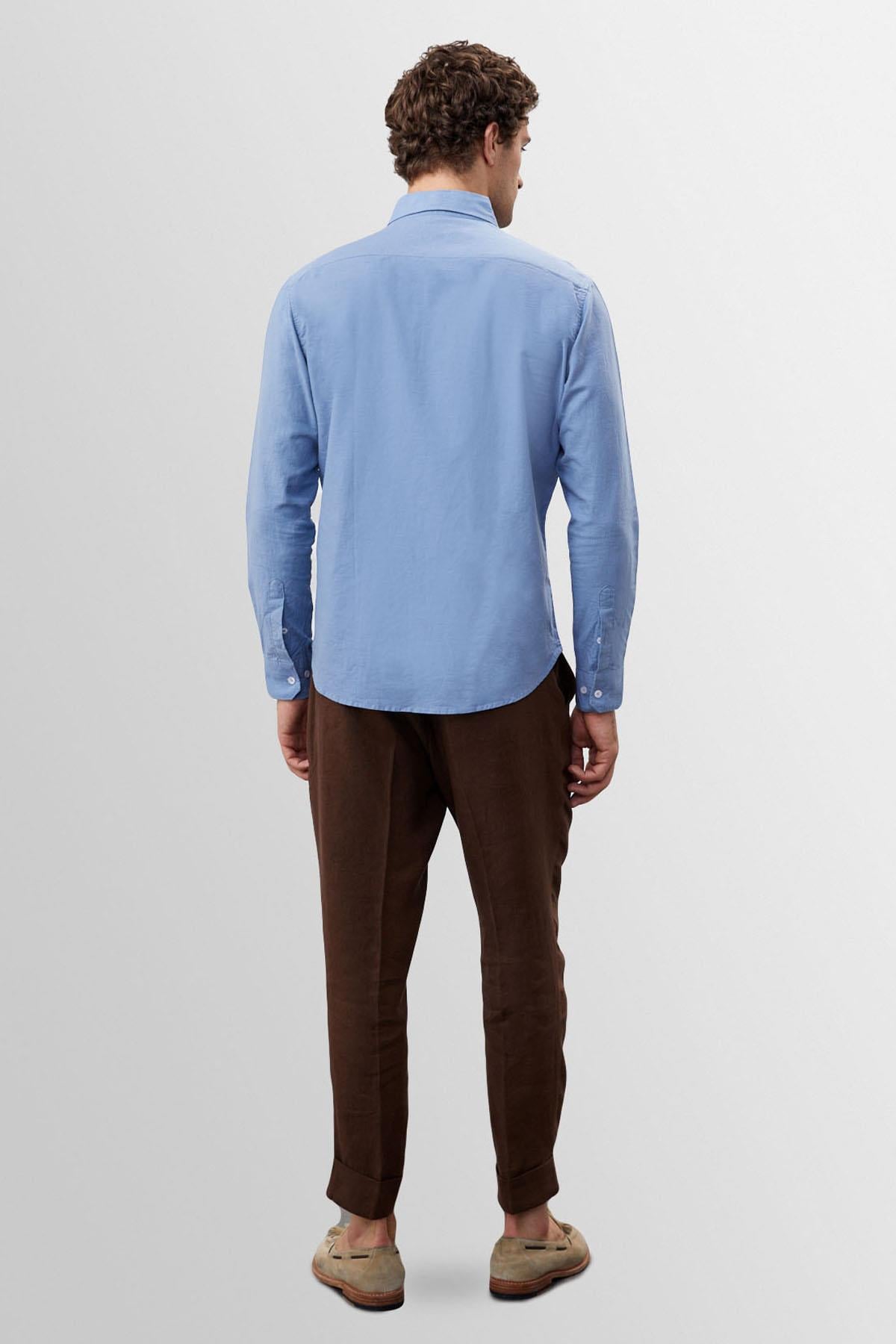 Antioch Mavi Yaka Düğme Detaylı %100 Keten Erkek Gömlek