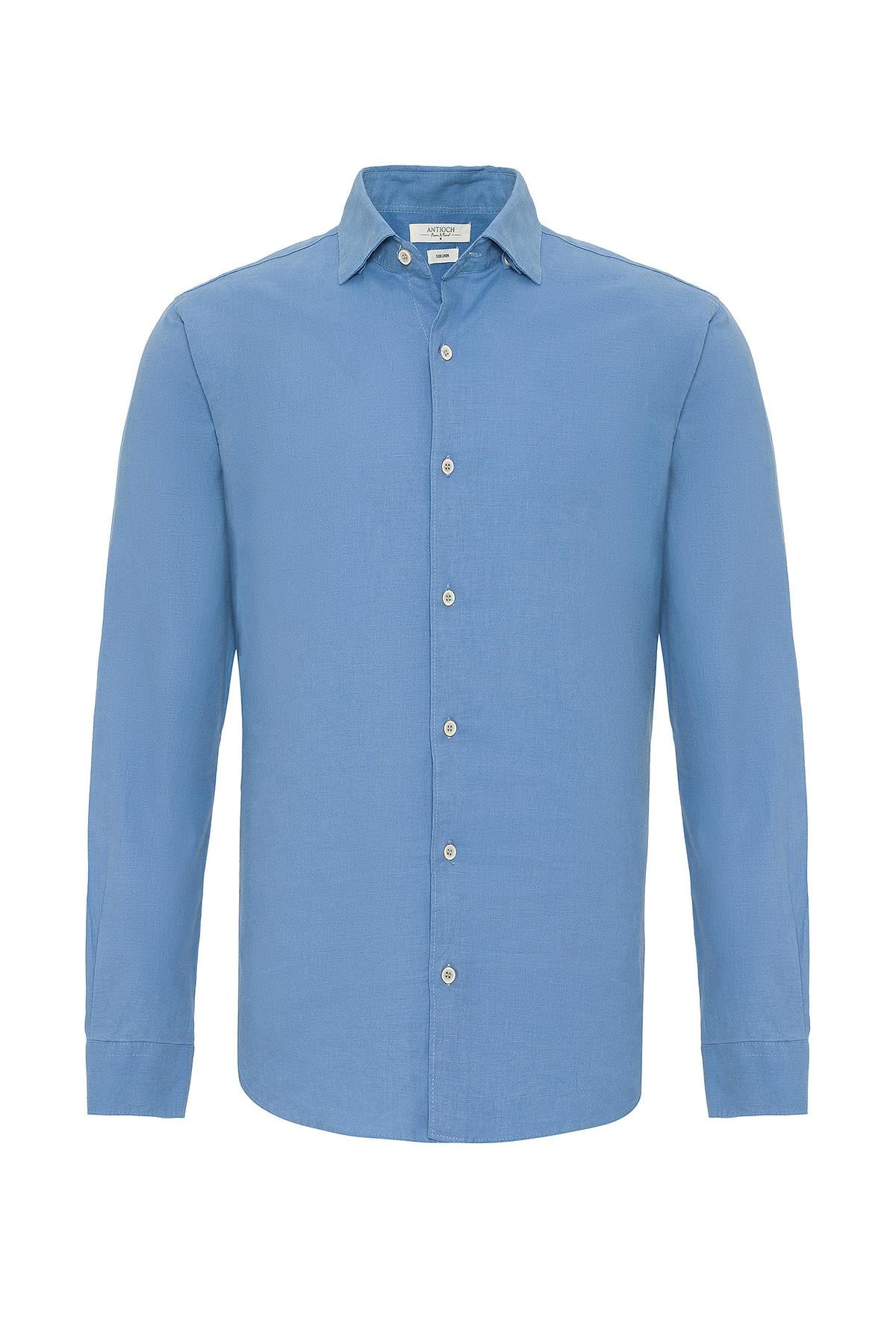 Antioch Mavi Yaka Düğme Detaylı %100 Keten Erkek Gömlek