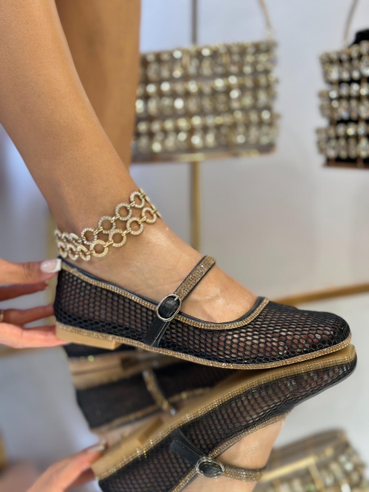 Abil Kristal Taşlı Babet Siyah - Düz Babet