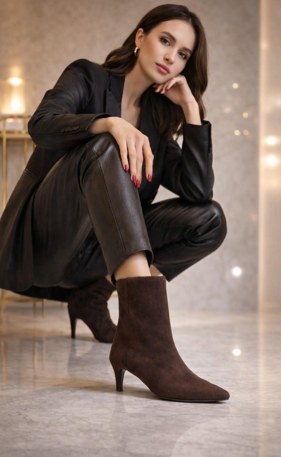 Albam Süet İnce Topuk Bot Kahverengi - Topuklu Bot