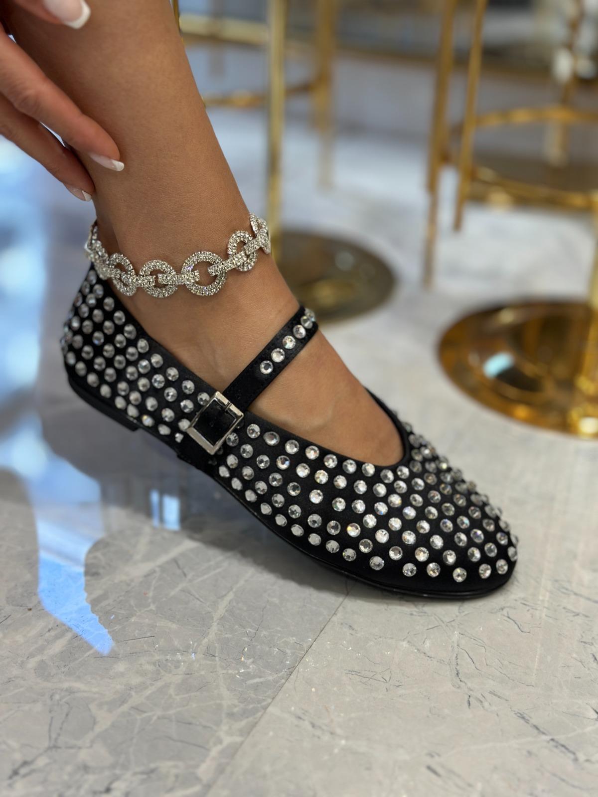 Aliya 1 Kristal Taşlı Özel Tasarım Babet Siyah - Babet