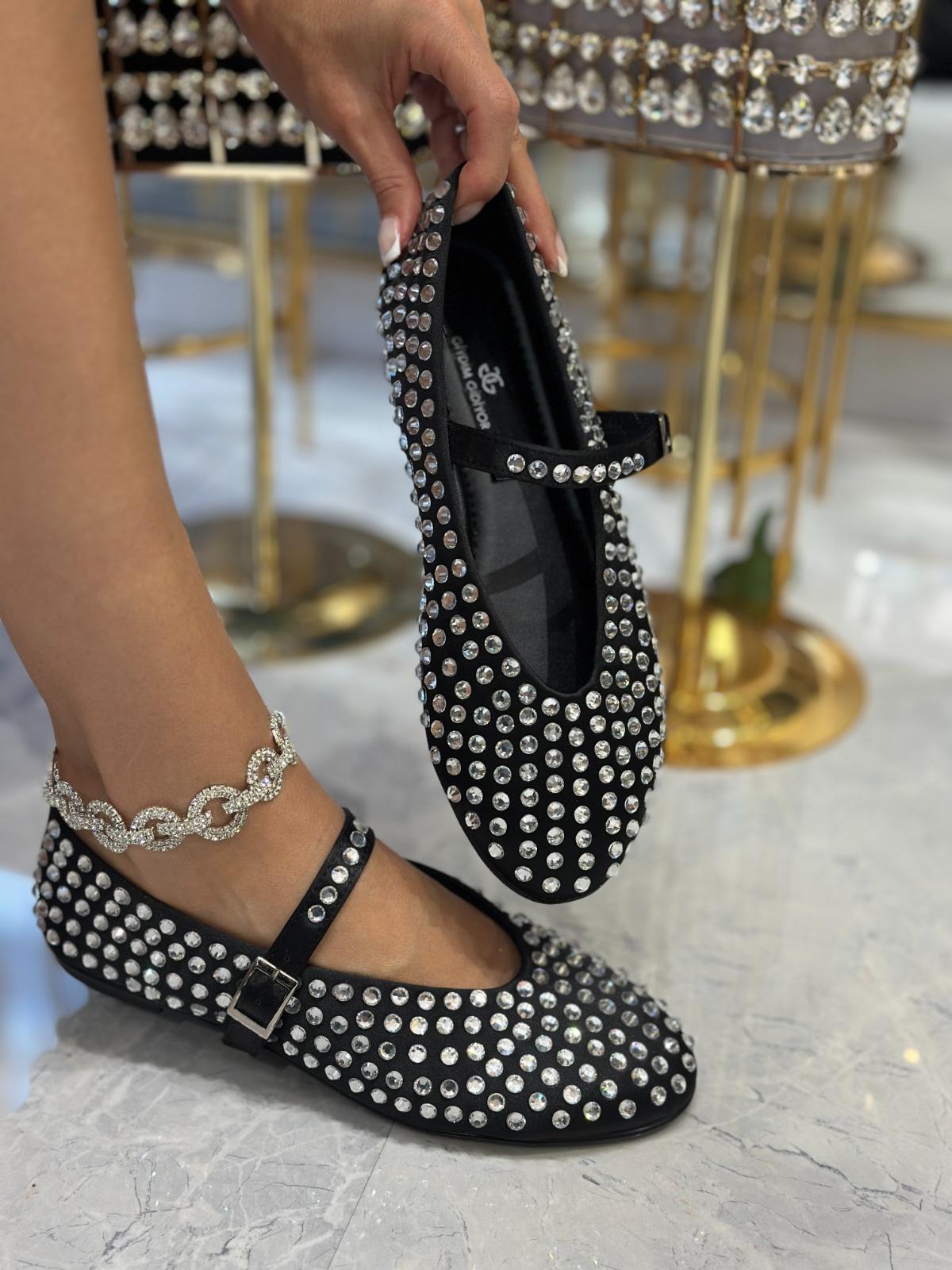 Aliya 1 Kristal Taşlı Özel Tasarım Babet Siyah - Babet