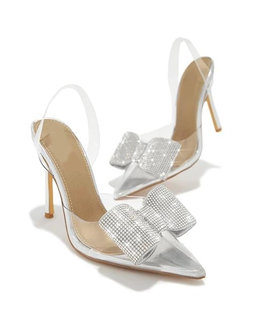 Alona Kristal Taşlı Topuklu Şeffaf Stiletto Gümüş - KADIN AYAKKABI