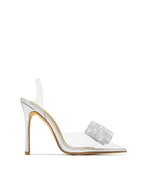 Alona Kristal Taşlı Topuklu Şeffaf Stiletto Gümüş - KADIN AYAKKABI