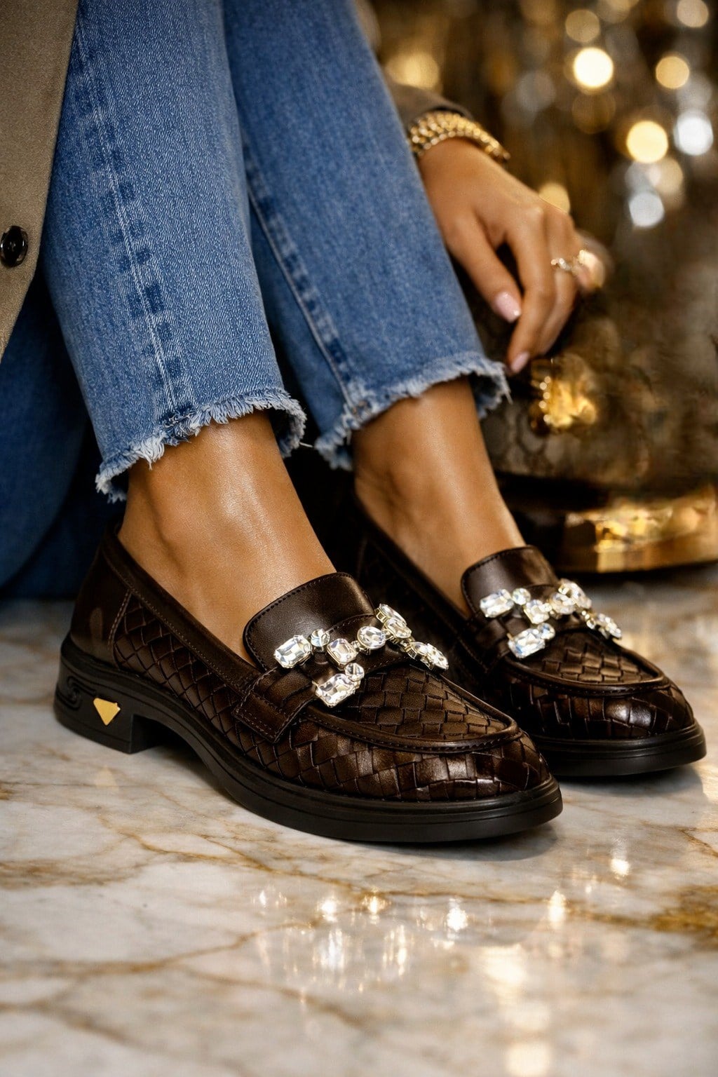 Aura Diamond Örgü Deri Loafer Kahverengi - Loafer